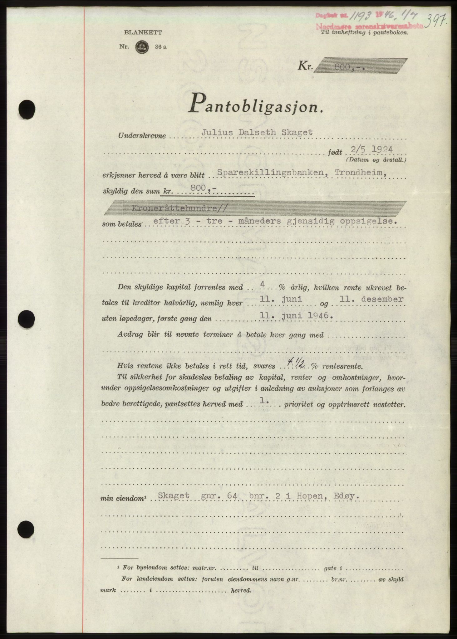 Nordmøre sorenskriveri, AV/SAT-A-4132/1/2/2Ca: Mortgage book no. B94, 1946-1946, Diary no: : 1193/1946