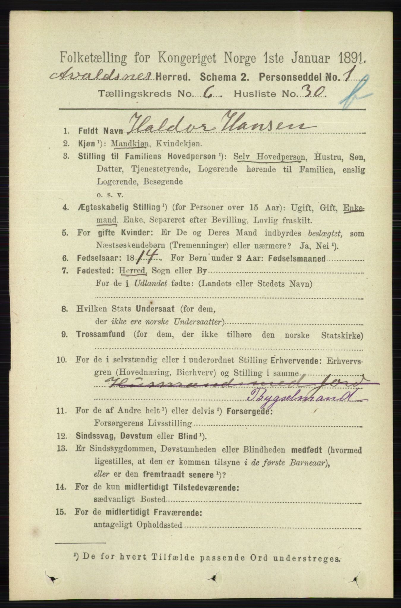 RA, 1891 census for 1147 Avaldsnes, 1891, p. 3408