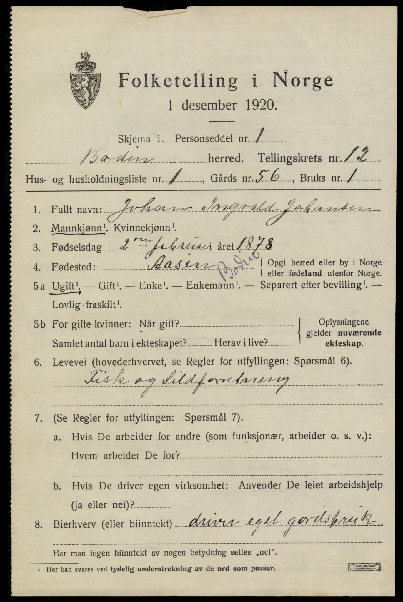 SAT, 1920 census for Bodin, 1920, p. 8434