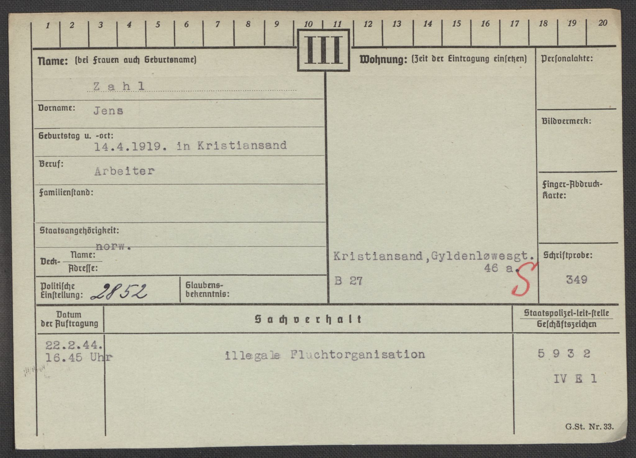 Befehlshaber der Sicherheitspolizei und des SD, AV/RA-RAFA-5969/E/Ea/Eaa/L0010: Register over norske fanger i Møllergata 19: Sø-Å, 1940-1945, p. 1172