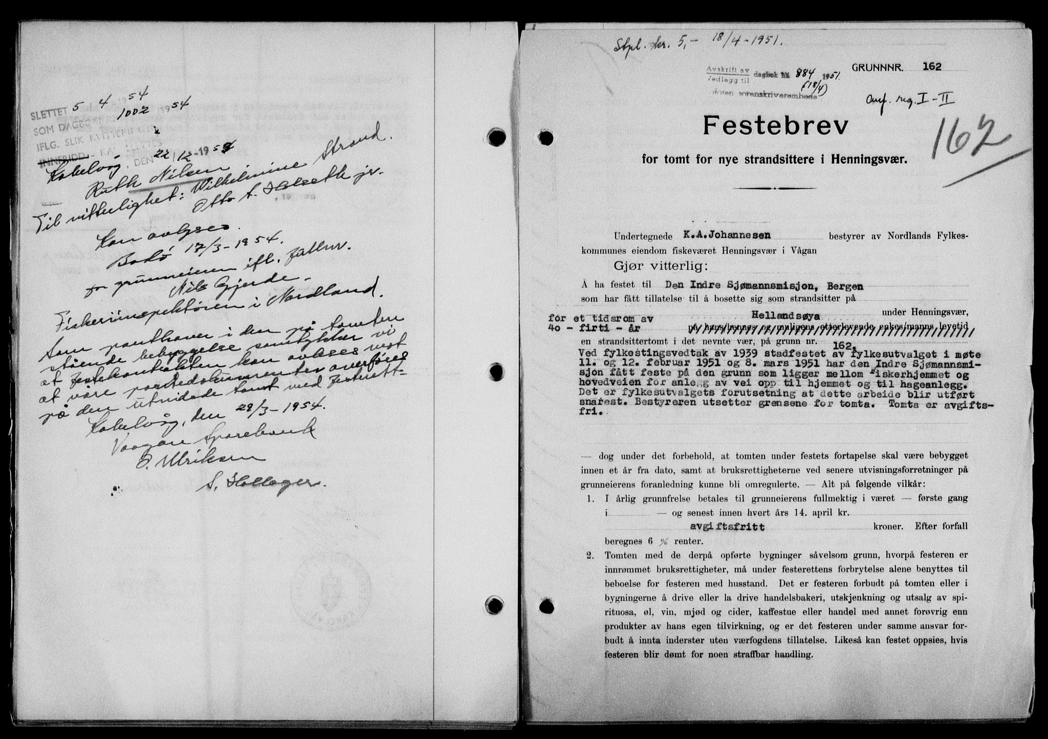 Lofoten sorenskriveri, SAT/A-0017/1/2/2C/L0025a: Mortgage book no. 25a, 1950-1951, Diary no: : 884/1951