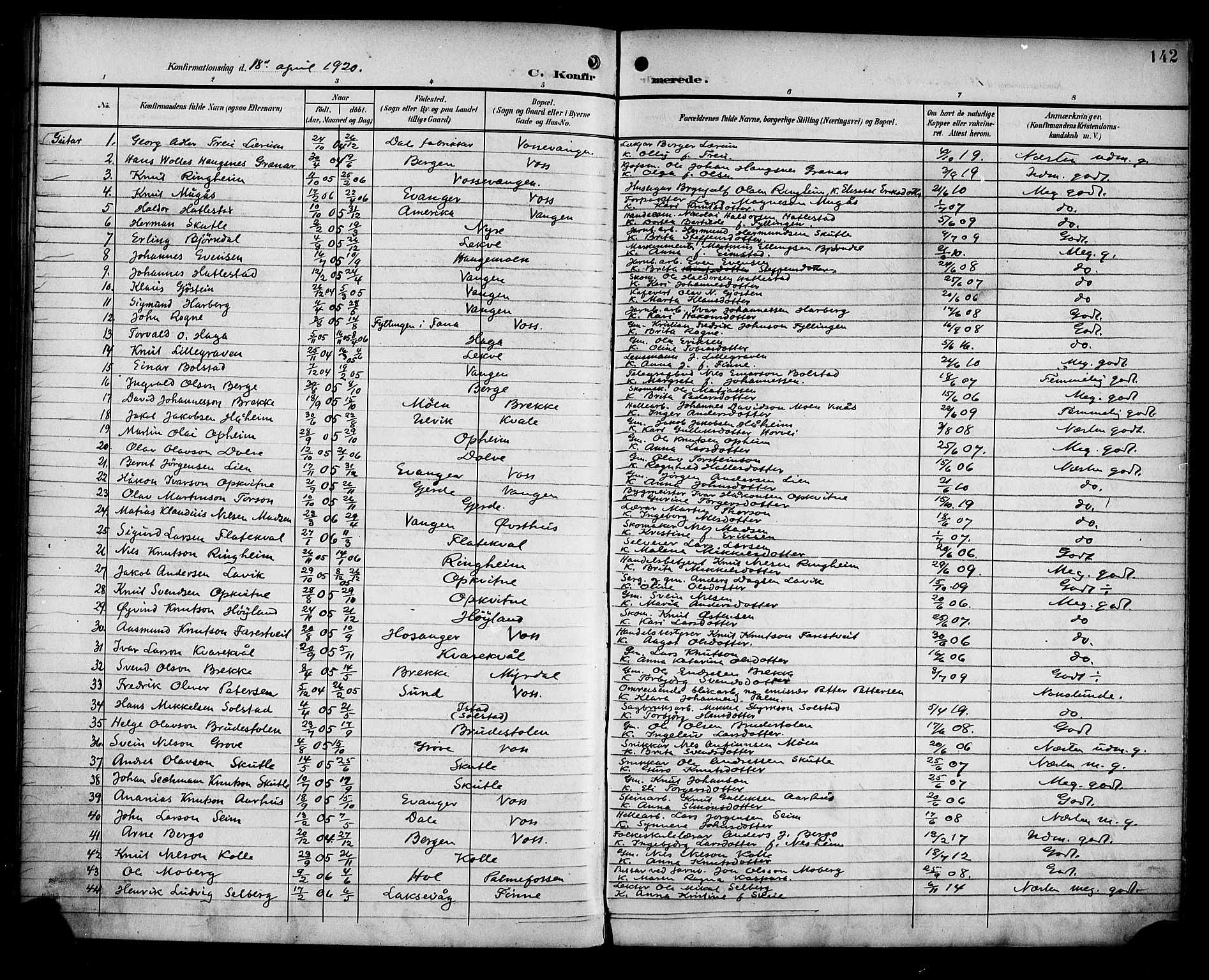 Voss sokneprestembete, AV/SAB-A-79001/H/Haa: Parish register (official) no. B 2, 1899-1922, p. 142