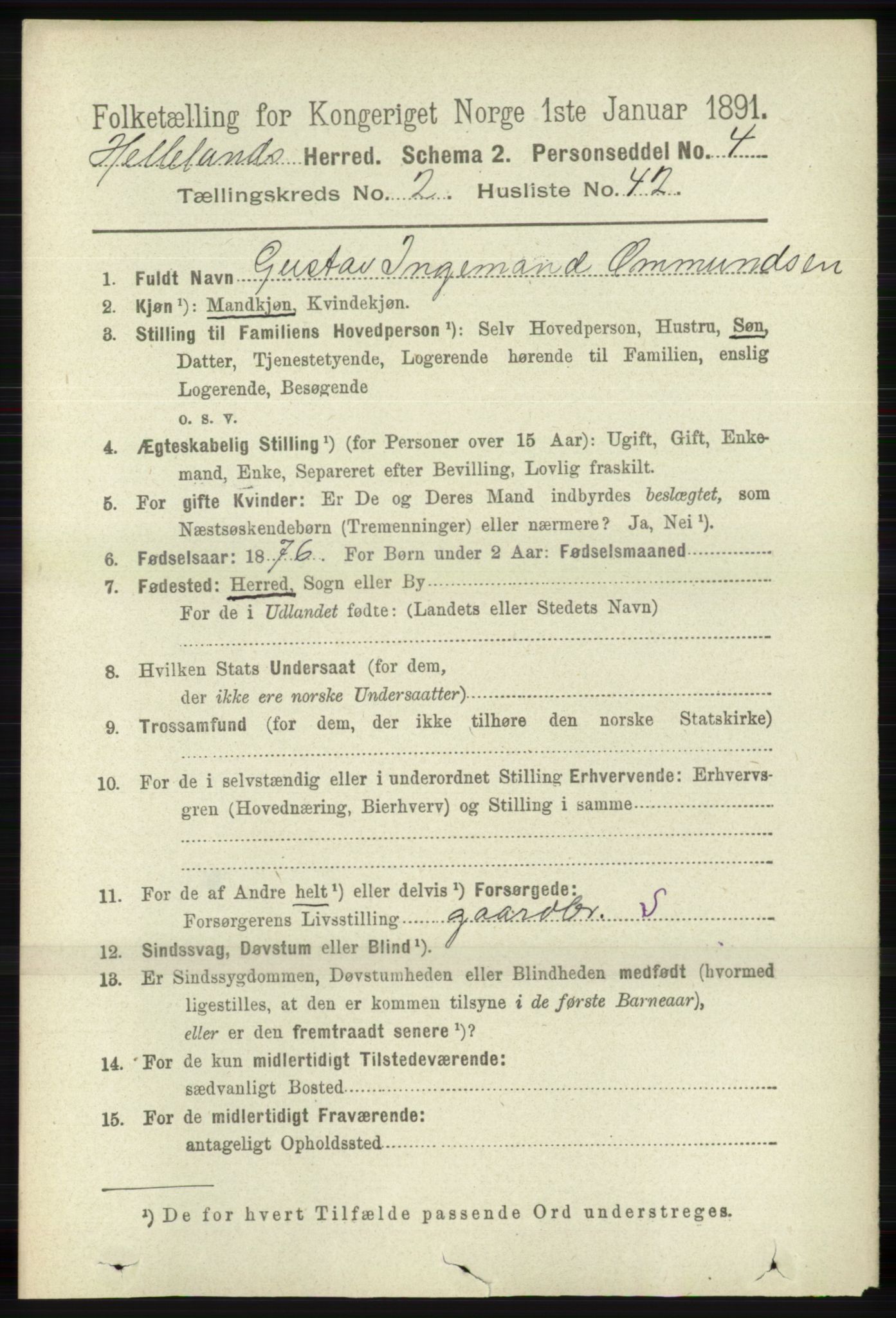 RA, 1891 census for 1115 Helleland, 1891, p. 660