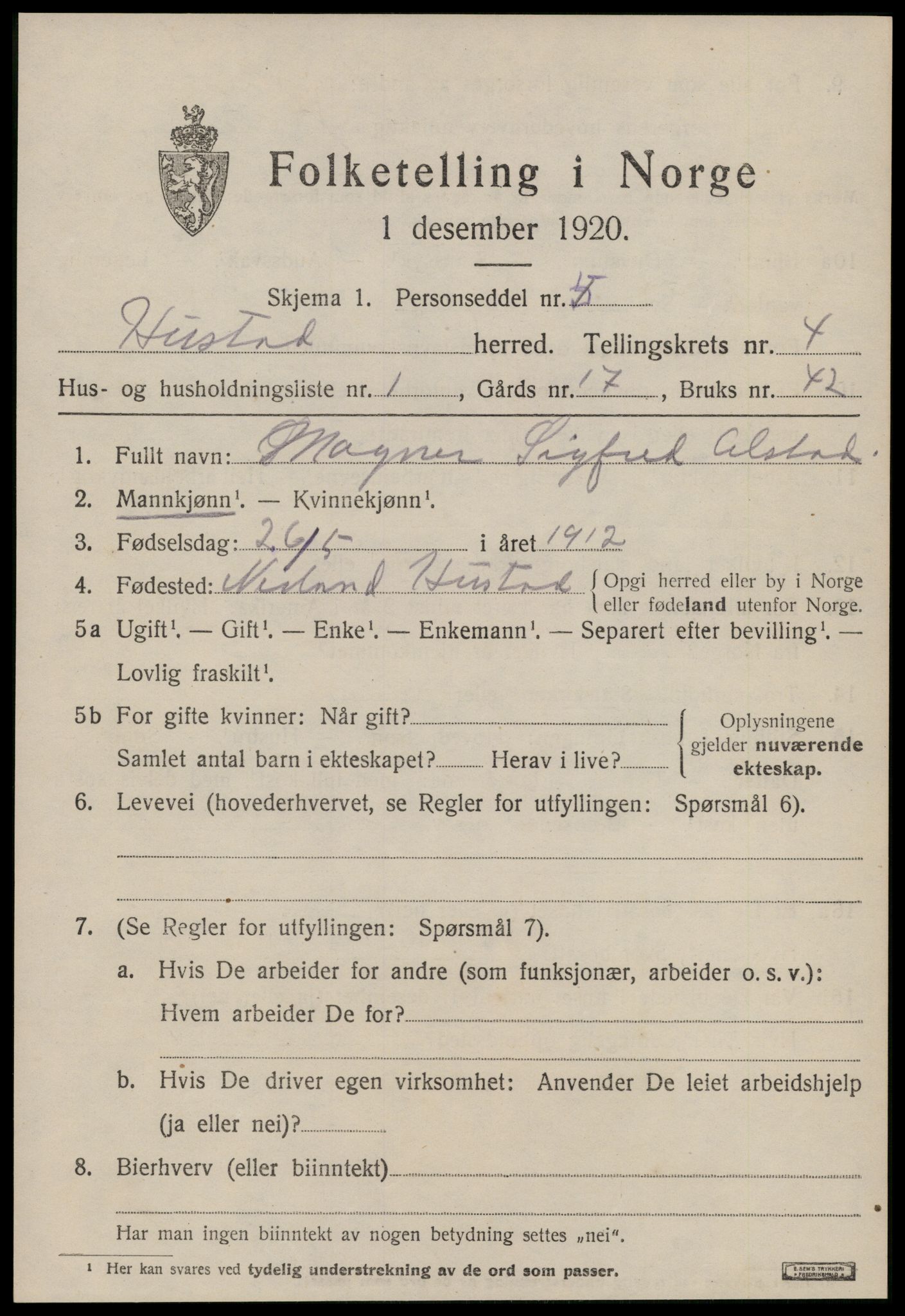 SAT, 1920 census for Hustad, 1920, p. 2955