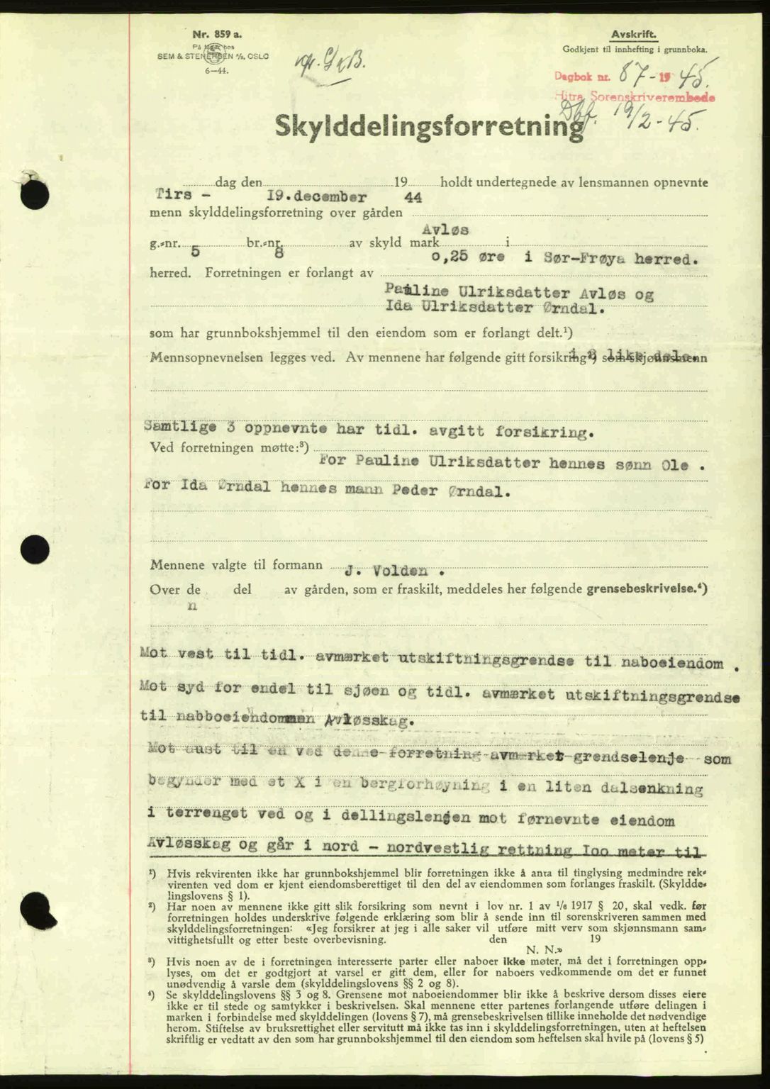 Hitra sorenskriveri, AV/SAT-A-0018/2/2C/2Ca: Mortgage book no. A2, 1943-1945, Diary no: : 87/1945