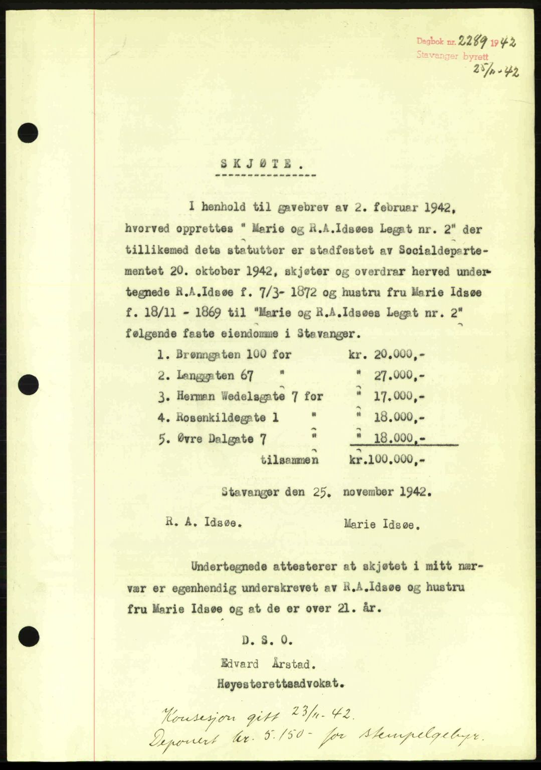 Stavanger byrett, SAST/A-100455/002/G/Gb/L0017: Mortgage book no. A7, 1941-1943, Diary no: : 2289/1942