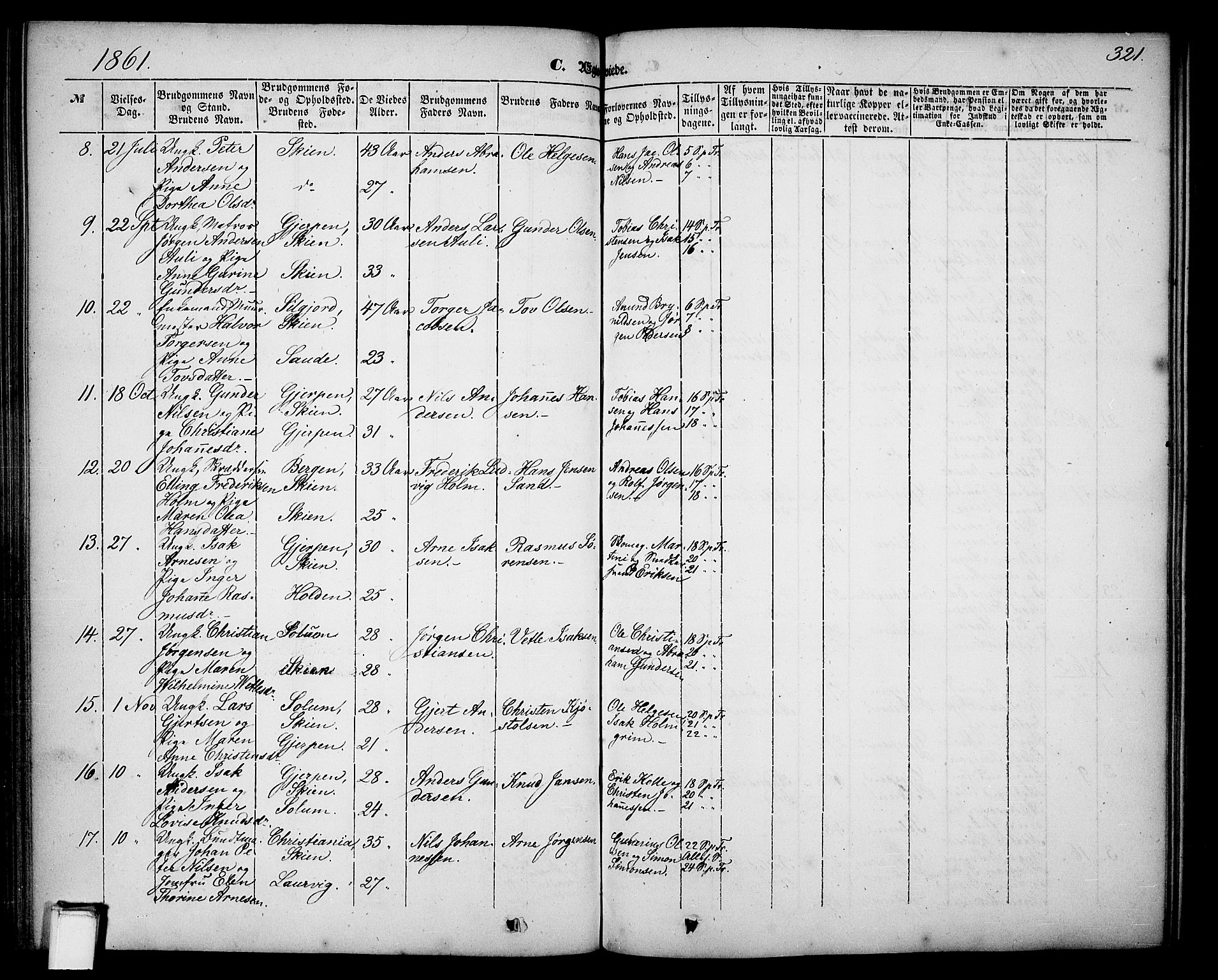 Skien kirkebøker, SAKO/A-302/G/Ga/L0004: Parish register (copy) no. 4, 1843-1867, p. 321