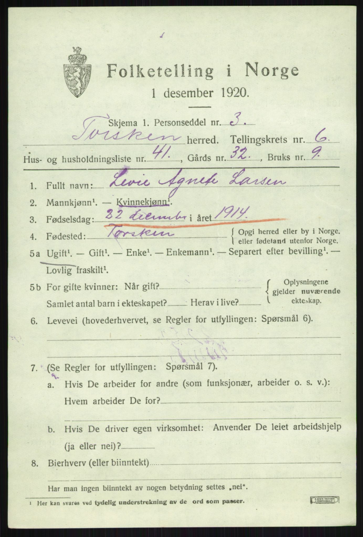 SATØ, 1920 census for Torsken, 1920, p. 2923