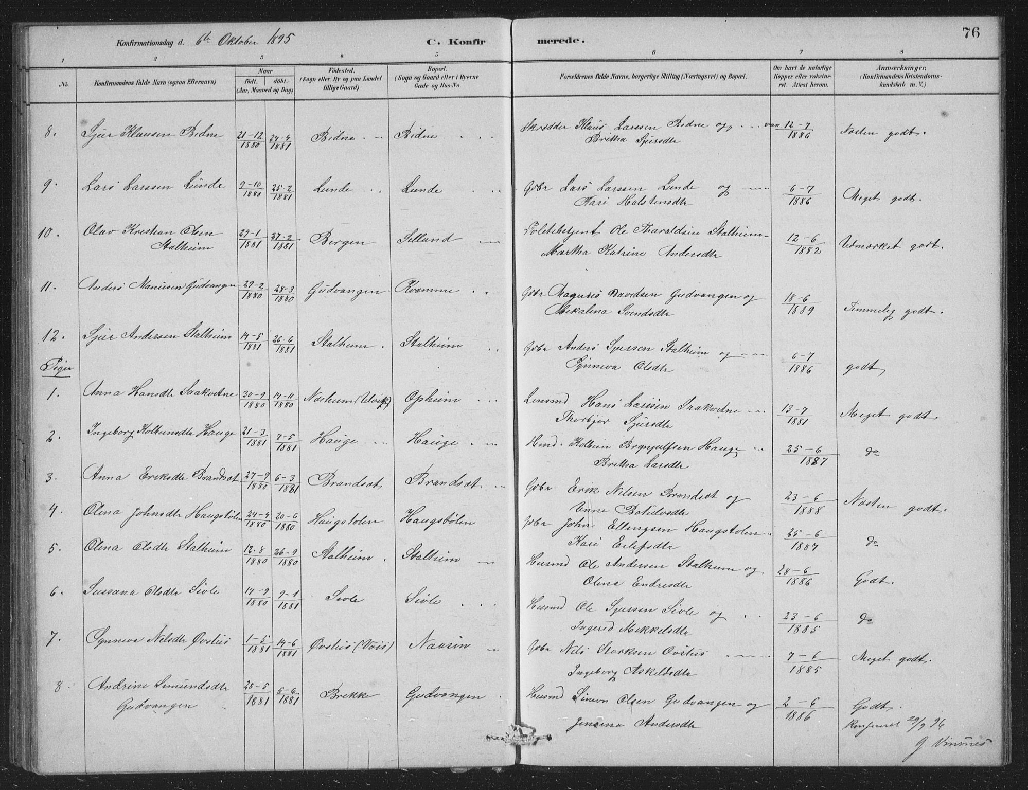 Vossestrand Sokneprestembete, AV/SAB-A-79101/H/Hab: Parish register (copy) no. A 2, 1880-1902, p. 76