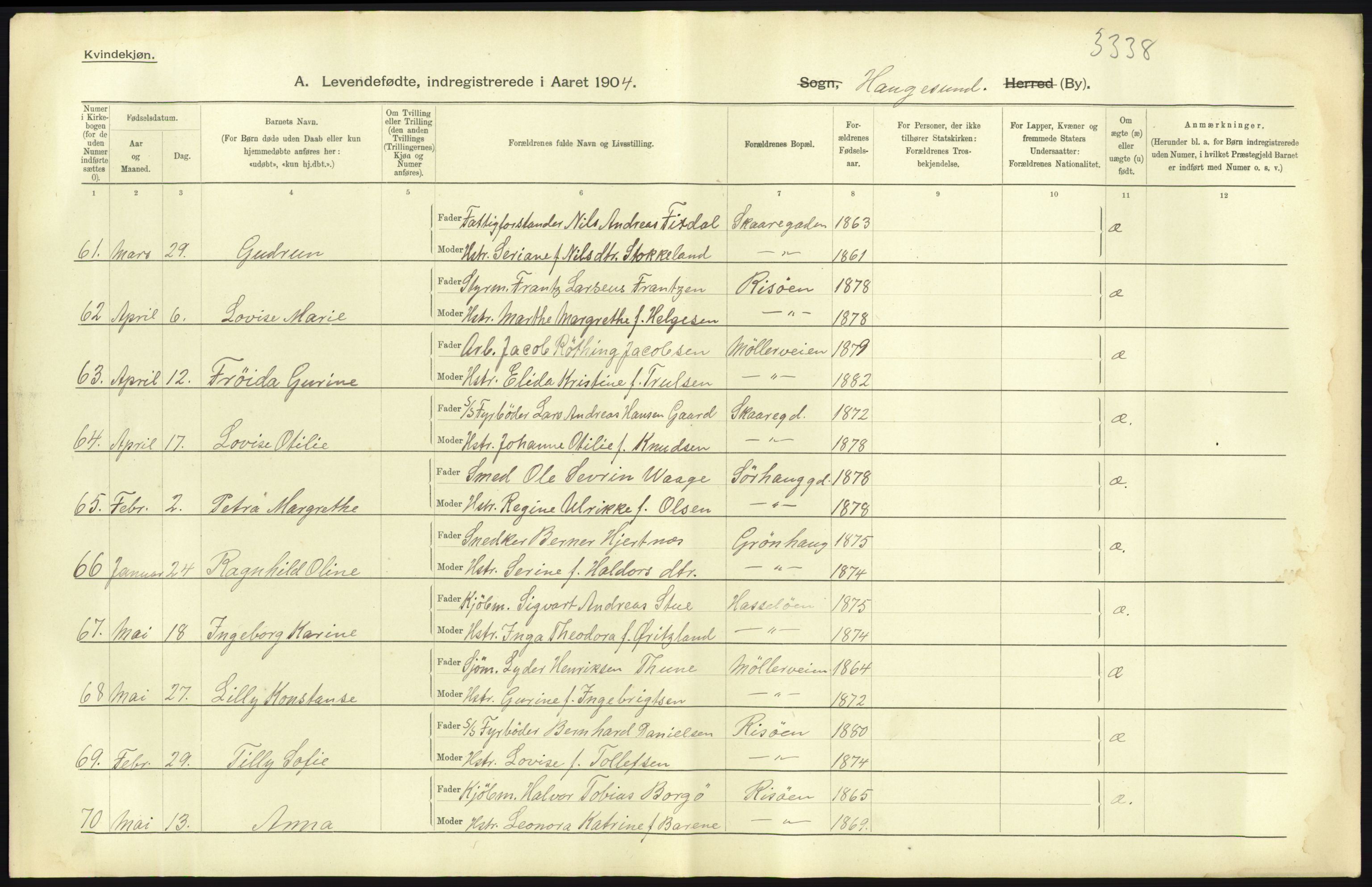 Statistisk sentralbyrå, Sosiodemografiske emner, Befolkning, RA/S-2228/D/Df/Dfa/Dfab/L0012: Stavanger amt: Fødte, gifte, døde, 1904, p. 21