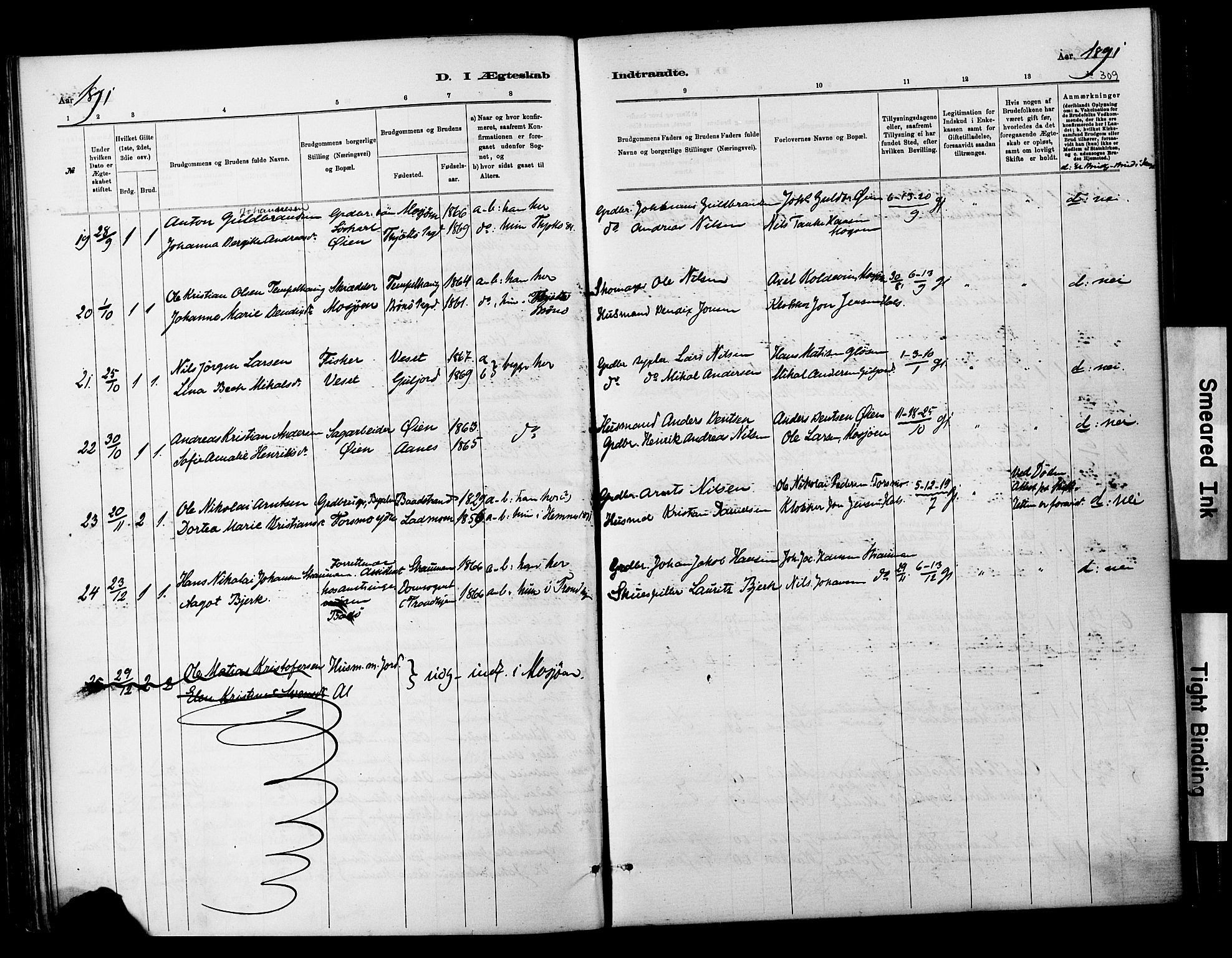 Ministerialprotokoller, klokkerbøker og fødselsregistre - Nordland, AV/SAT-A-1459/820/L0295: Parish register (official) no. 820A16, 1880-1896, p. 309