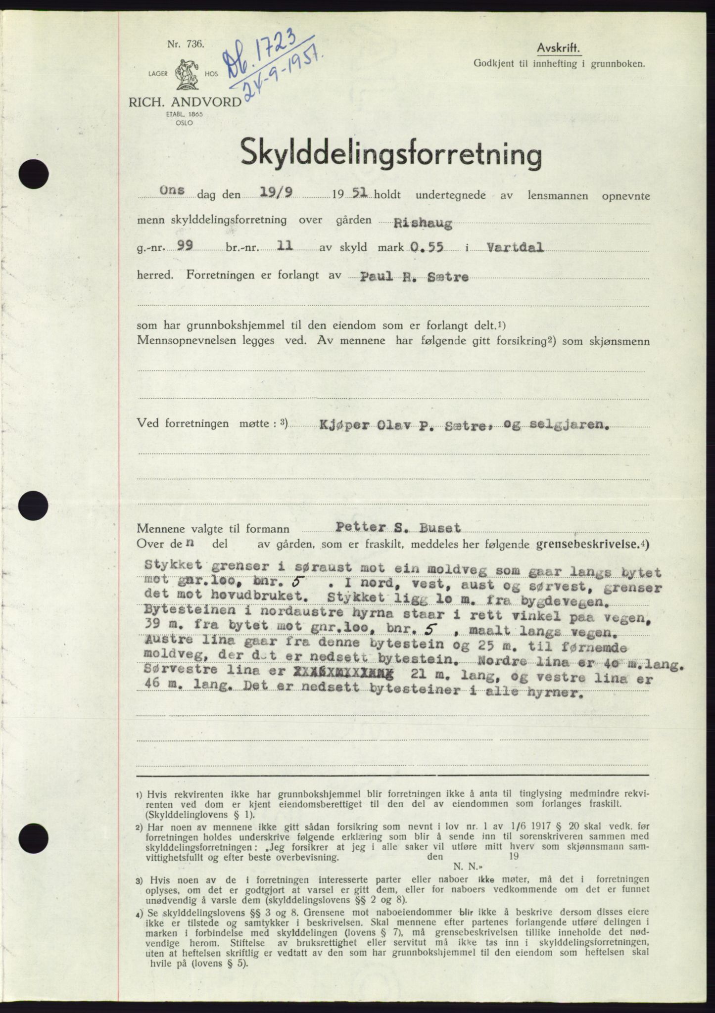 Søre Sunnmøre sorenskriveri, AV/SAT-A-4122/1/2/2C/L0090: Mortgage book no. 16A, 1951-1951, Diary no: : 1723/1951