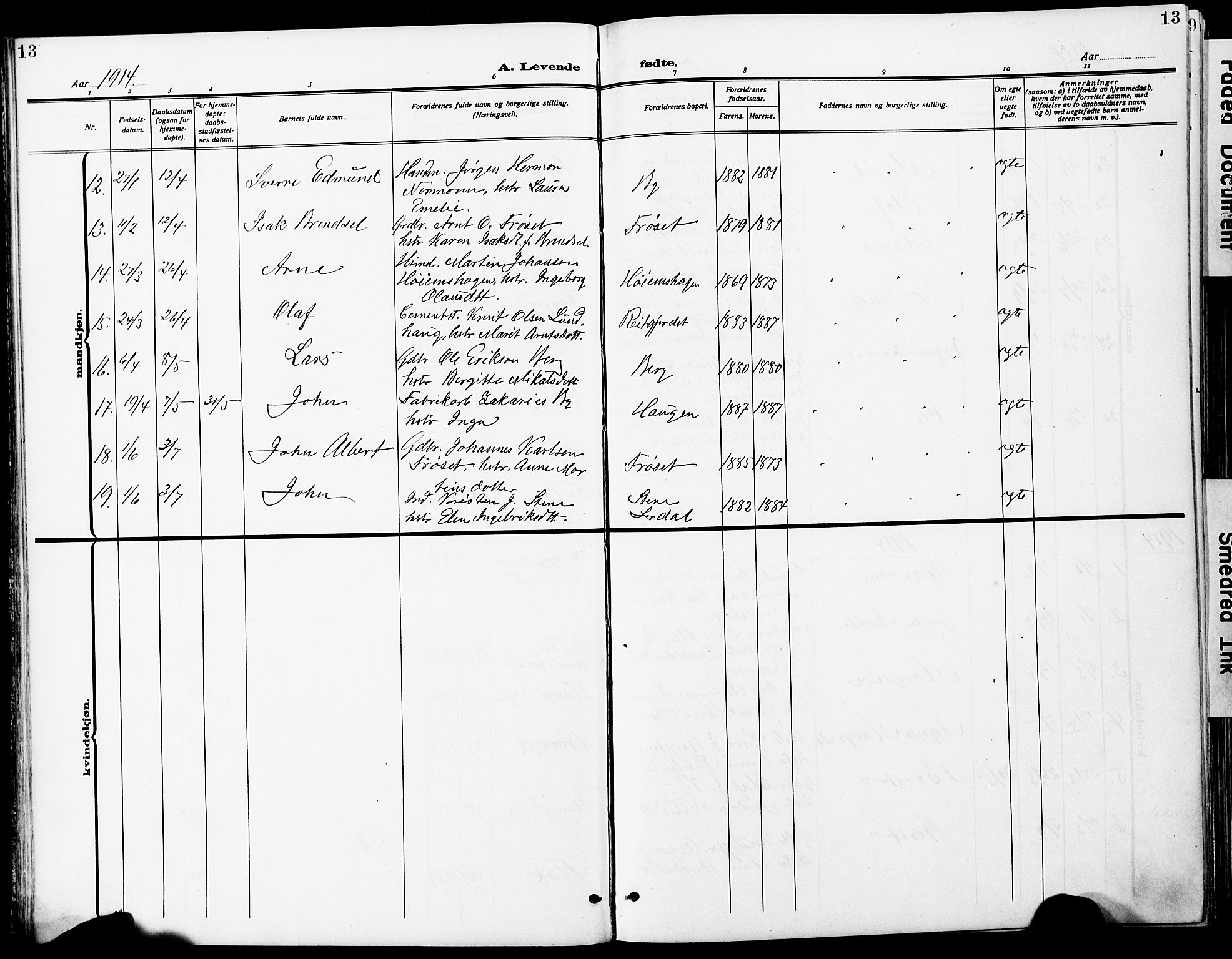 Ministerialprotokoller, klokkerbøker og fødselsregistre - Sør-Trøndelag, SAT/A-1456/612/L0388: Parish register (copy) no. 612C04, 1909-1929, p. 13
