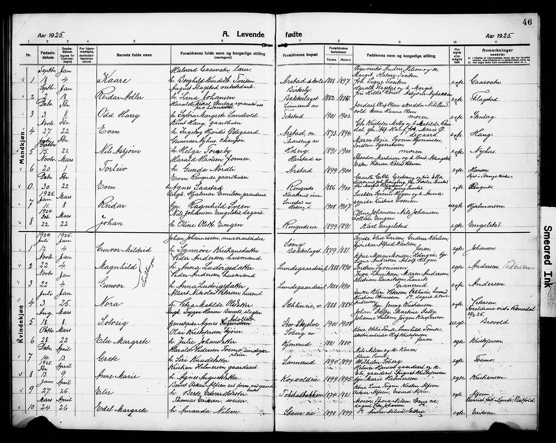 Stange prestekontor, AV/SAH-PREST-002/L/L0015: Parish register (copy) no. 15, 1916-1928, p. 46