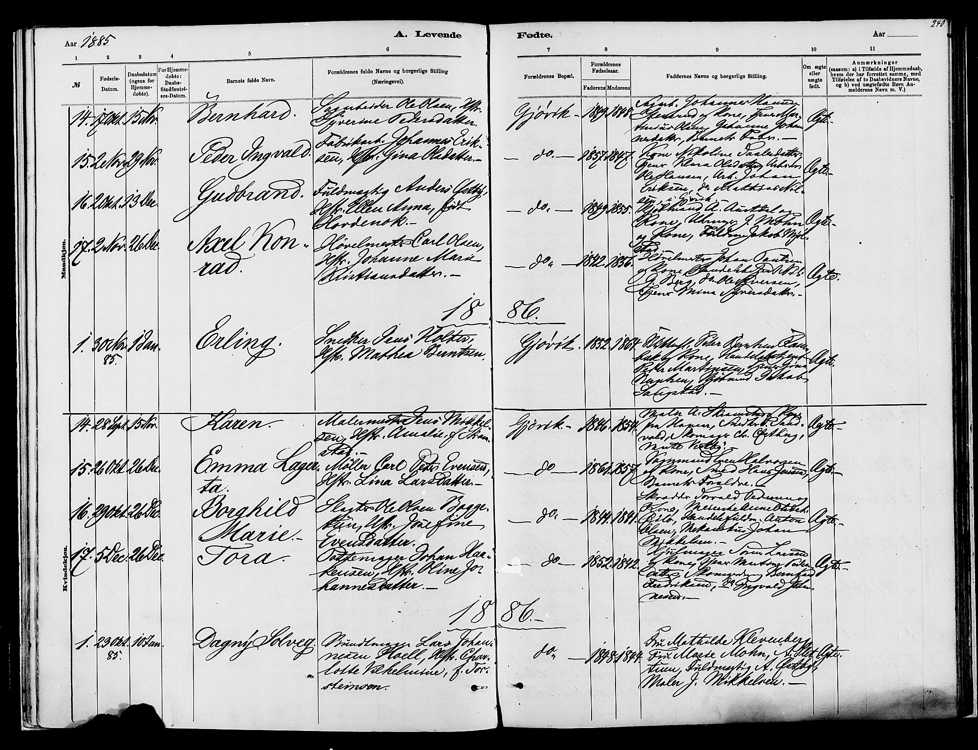 Vardal prestekontor, SAH/PREST-100/H/Ha/Haa/L0008: Parish register (official) no. 8, 1878-1890, p. 240