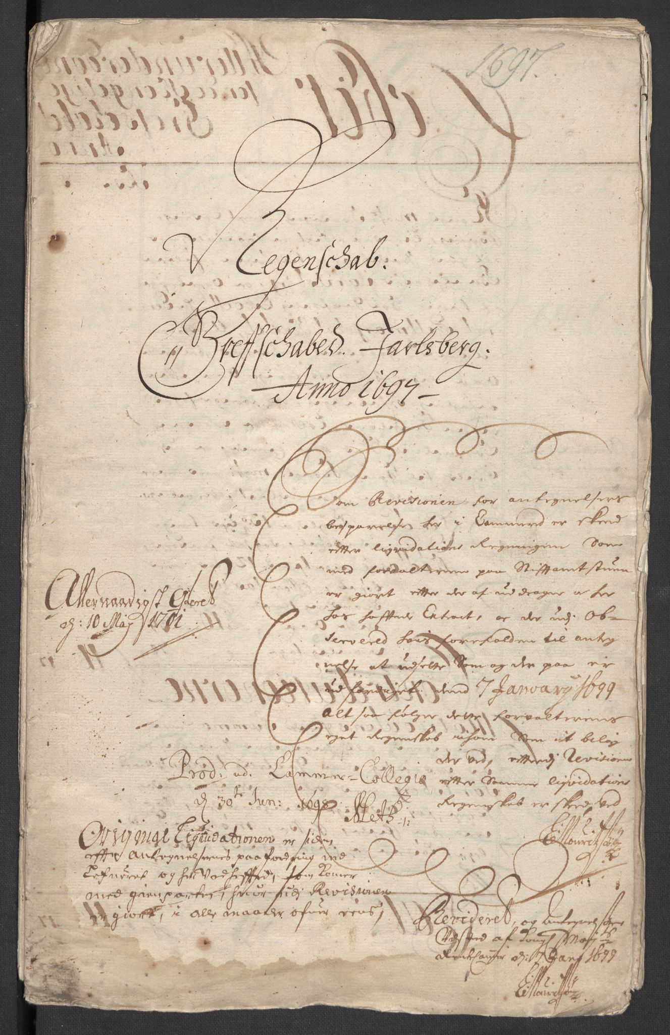 Rentekammeret inntil 1814, Reviderte regnskaper, Fogderegnskap, RA/EA-4092/R32/L1868: Fogderegnskap Jarlsberg grevskap, 1697-1699, p. 3