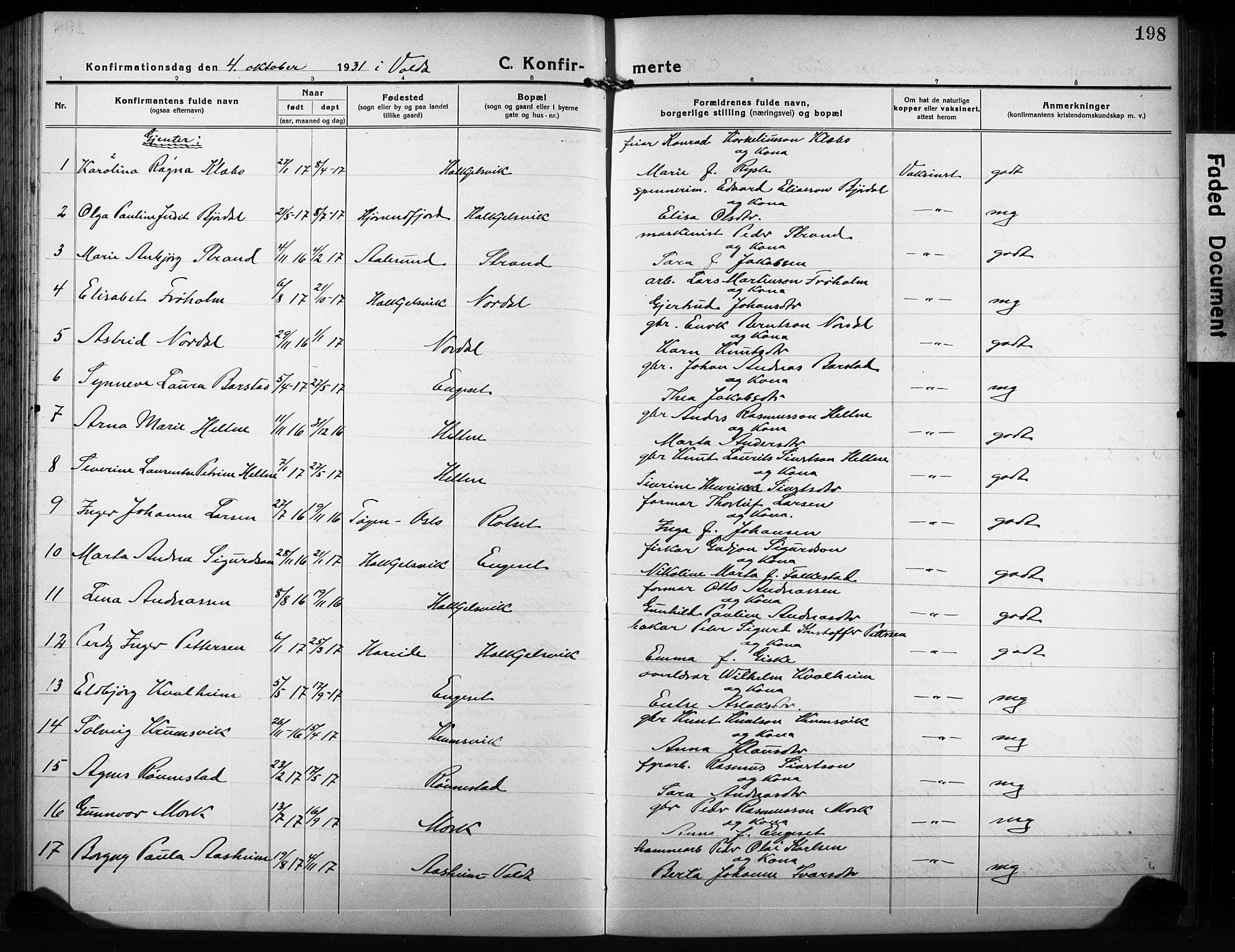 Ministerialprotokoller, klokkerbøker og fødselsregistre - Møre og Romsdal, SAT/A-1454/511/L0160: Parish register (copy) no. 511C06, 1920-1932, p. 198
