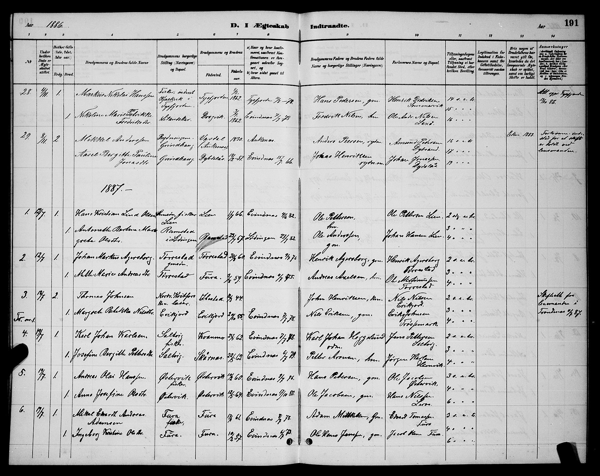 Ministerialprotokoller, klokkerbøker og fødselsregistre - Nordland, SAT/A-1459/863/L0914: Parish register (copy) no. 863C04, 1886-1897, p. 191