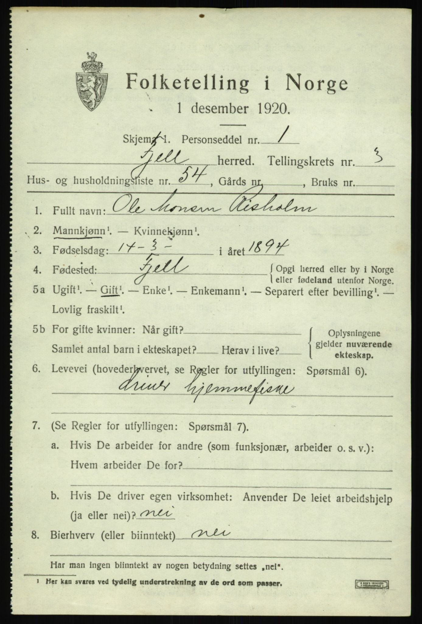 SAB, 1920 census for Fjell, 1920, p. 3670