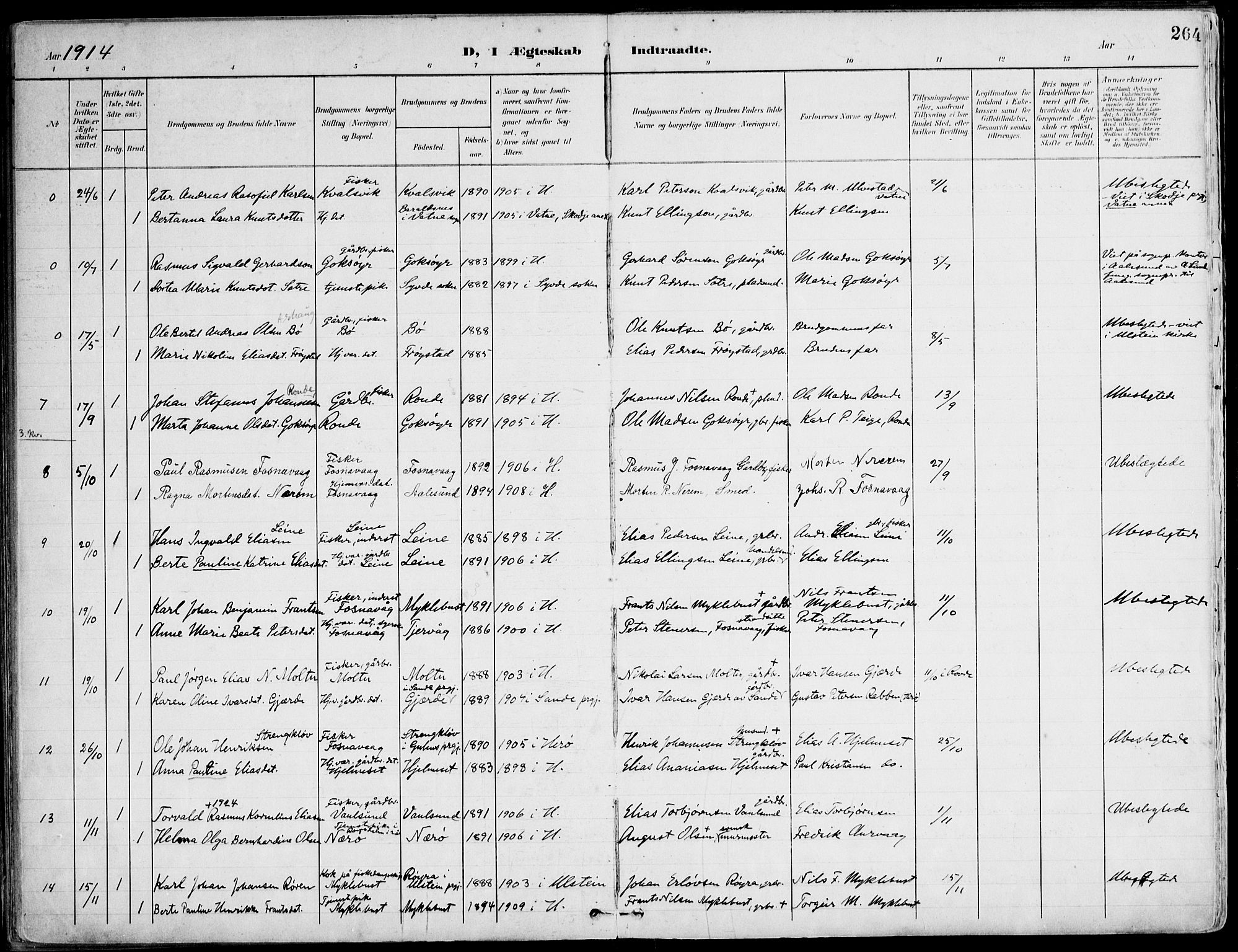 Ministerialprotokoller, klokkerbøker og fødselsregistre - Møre og Romsdal, SAT/A-1454/507/L0075: Parish register (official) no. 507A10, 1901-1920, p. 264