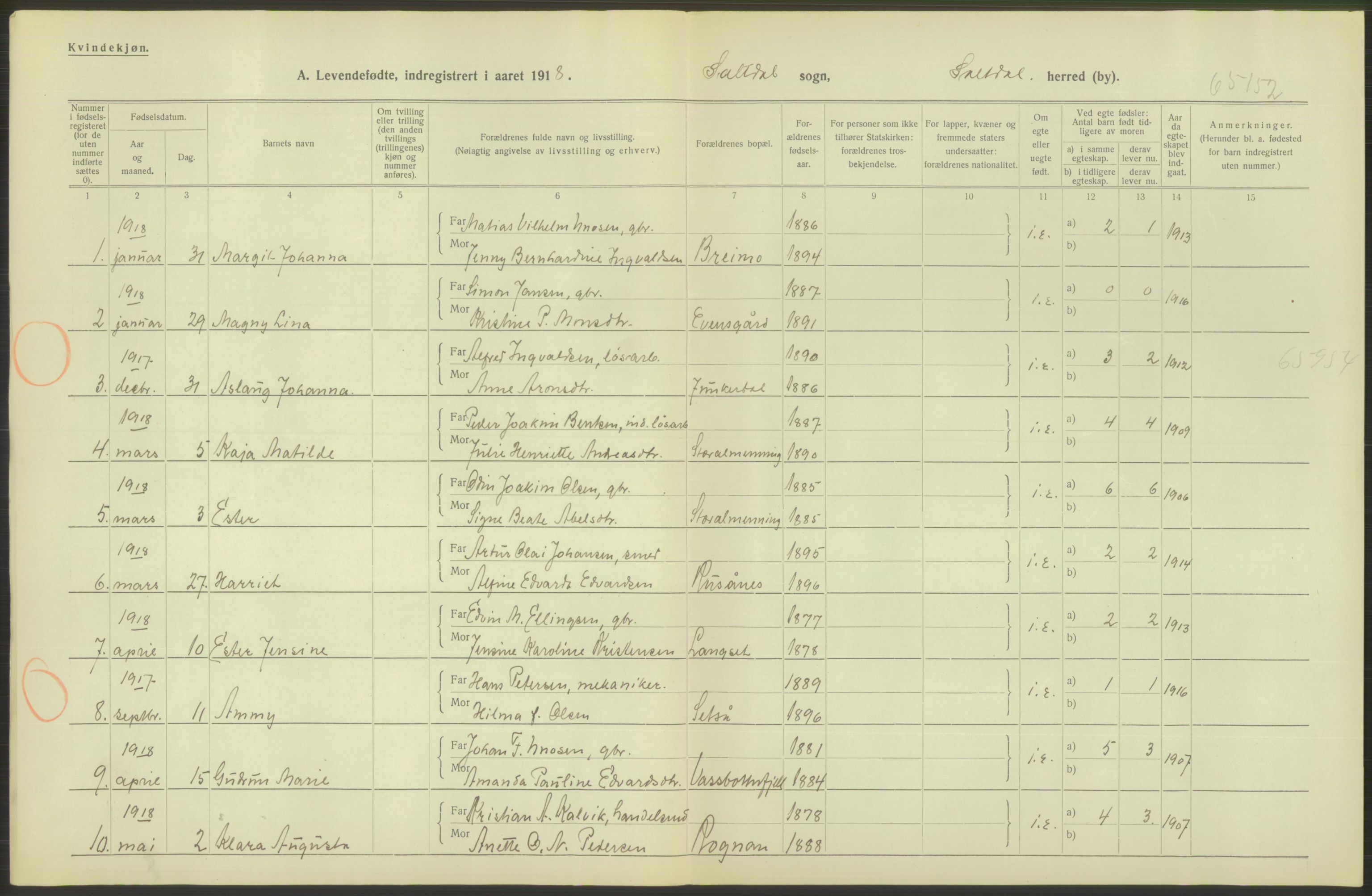 Statistisk sentralbyrå, Sosiodemografiske emner, Befolkning, RA/S-2228/D/Df/Dfb/Dfbh/L0052: Nordland fylke: Levendefødte menn og kvinner. Bygder., 1918, p. 246