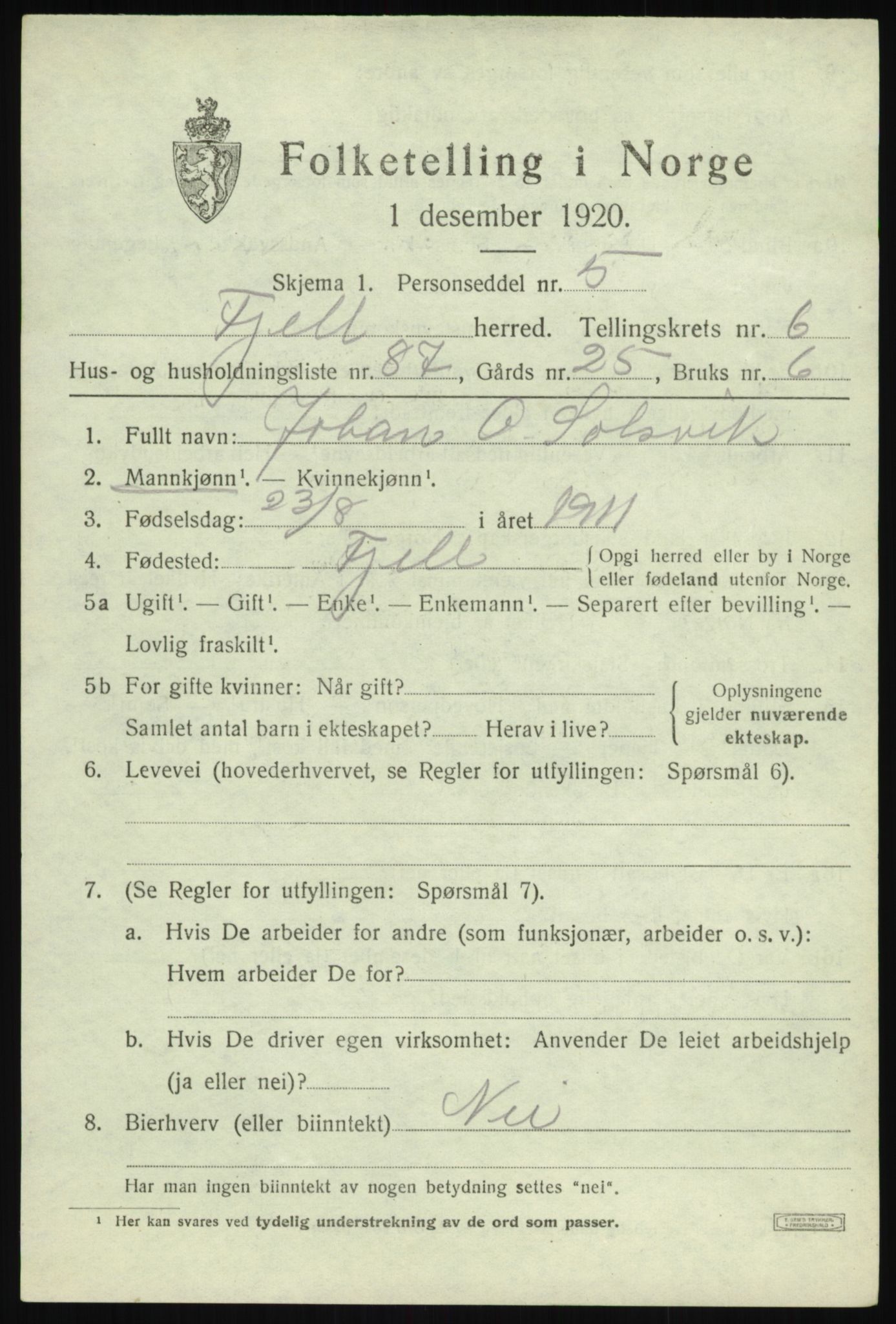 SAB, 1920 census for Fjell, 1920, p. 6390