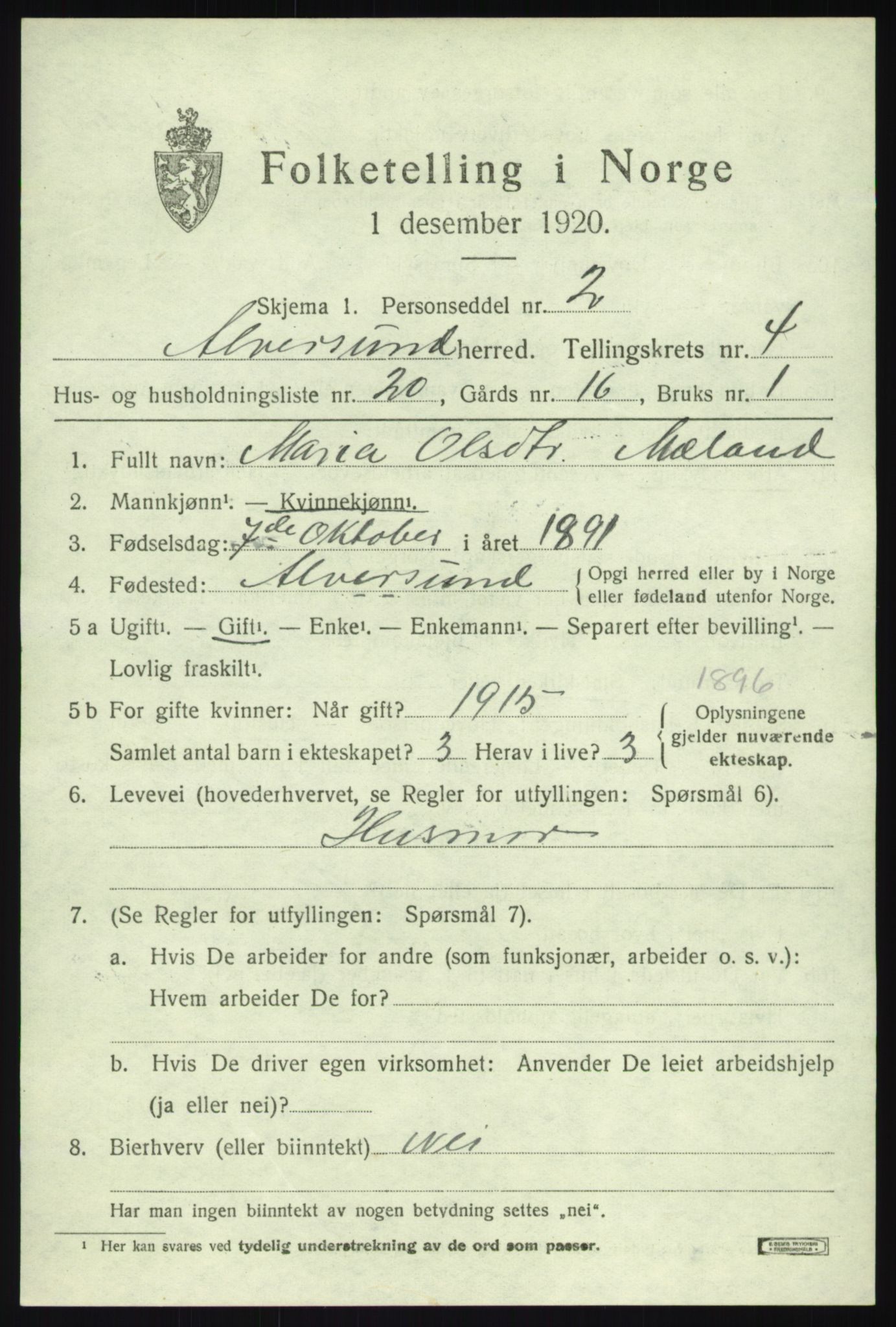 SAB, 1920 census for Alversund, 1920, p. 2940