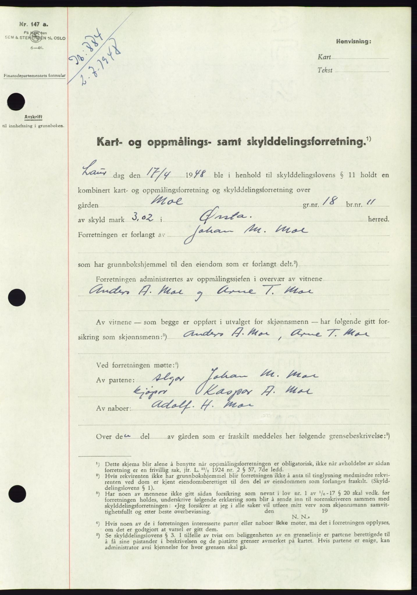 Søre Sunnmøre sorenskriveri, AV/SAT-A-4122/1/2/2C/L0082: Mortgage book no. 8A, 1948-1948, Diary no: : 884/1948