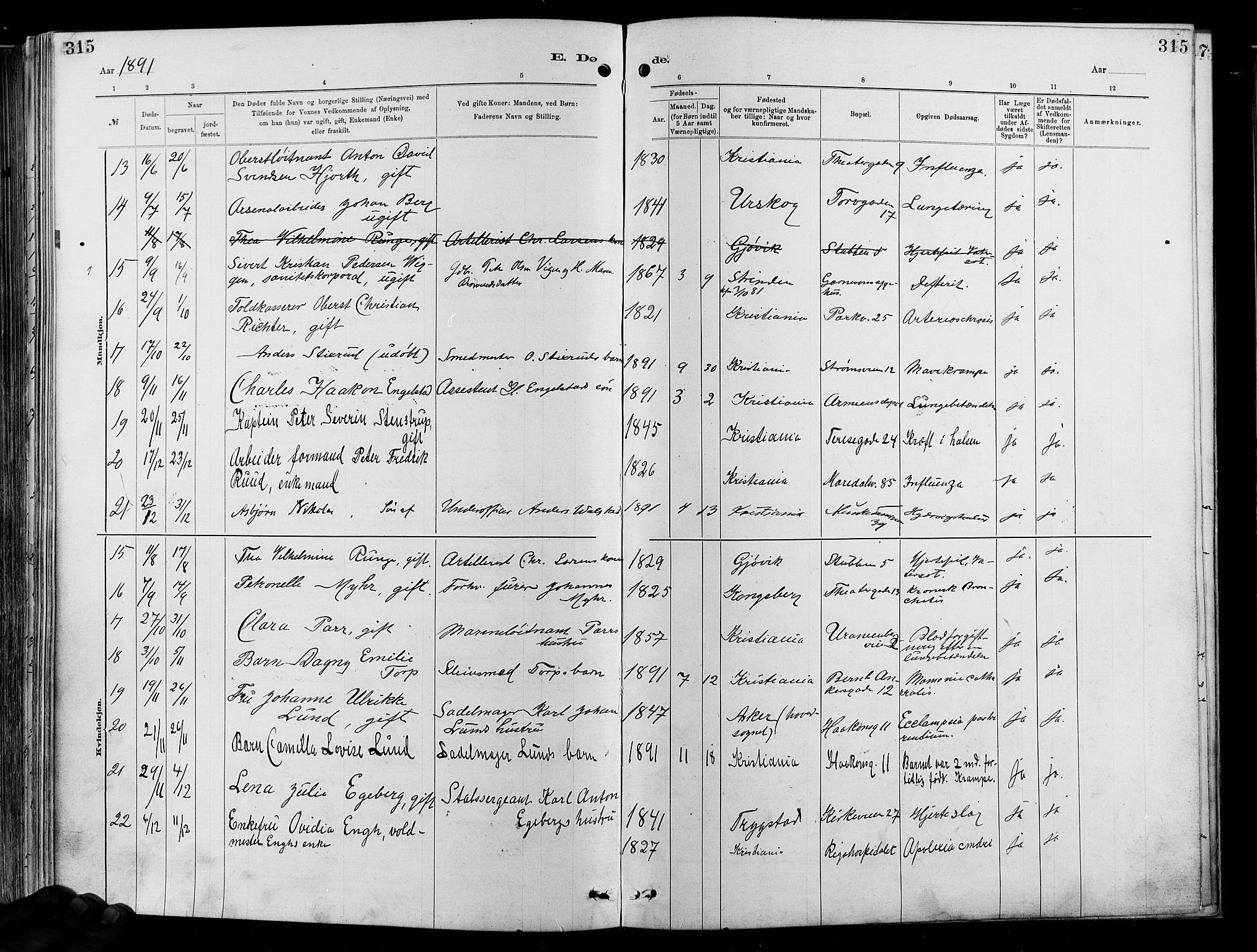 Garnisonsmenigheten Kirkebøker, AV/SAO-A-10846/F/Fa/L0012: Parish register (official) no. 12, 1880-1893, p. 315