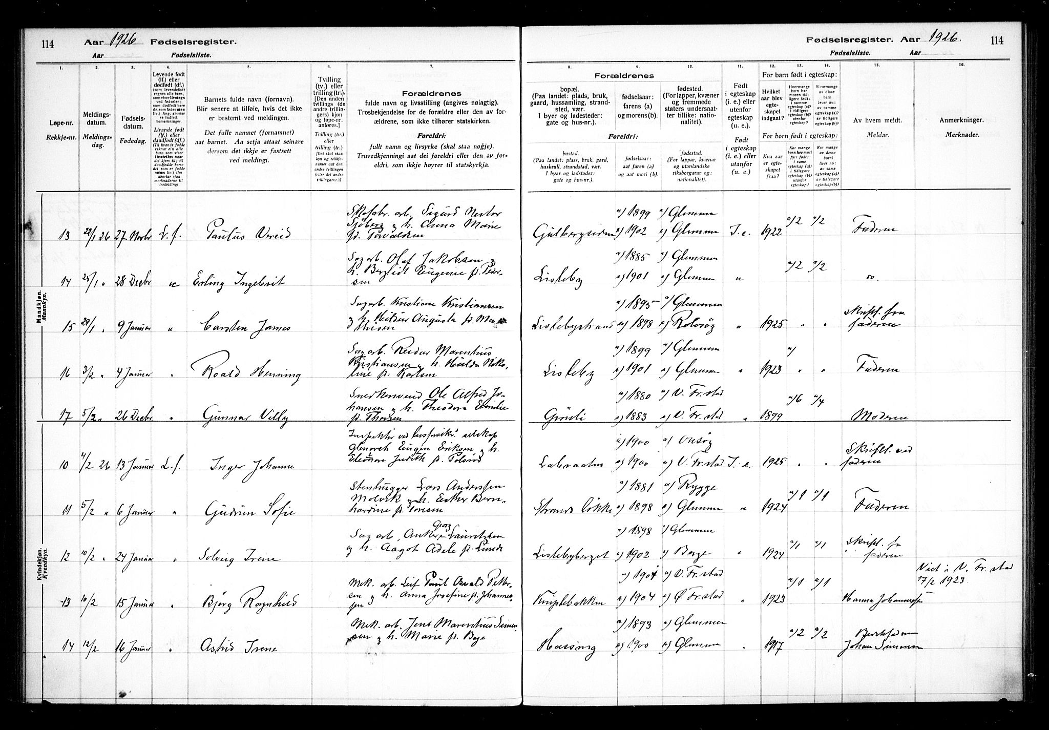 Glemmen prestekontor Kirkebøker, AV/SAO-A-10908/J/Ja/L0002: Birth register no. I 2, 1922-1929, p. 114