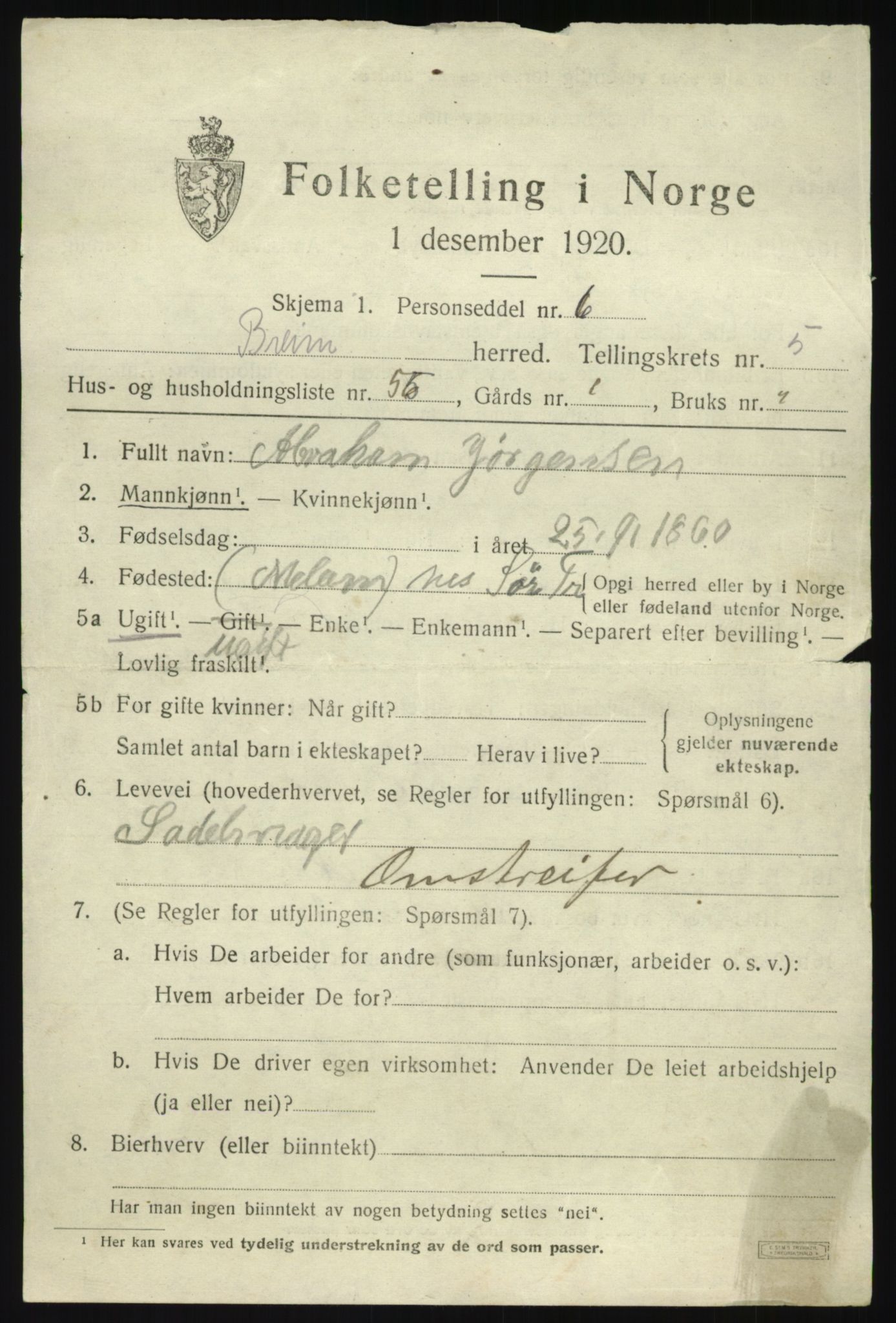 SAB, 1920 census for Breim, 1920, p. 3493