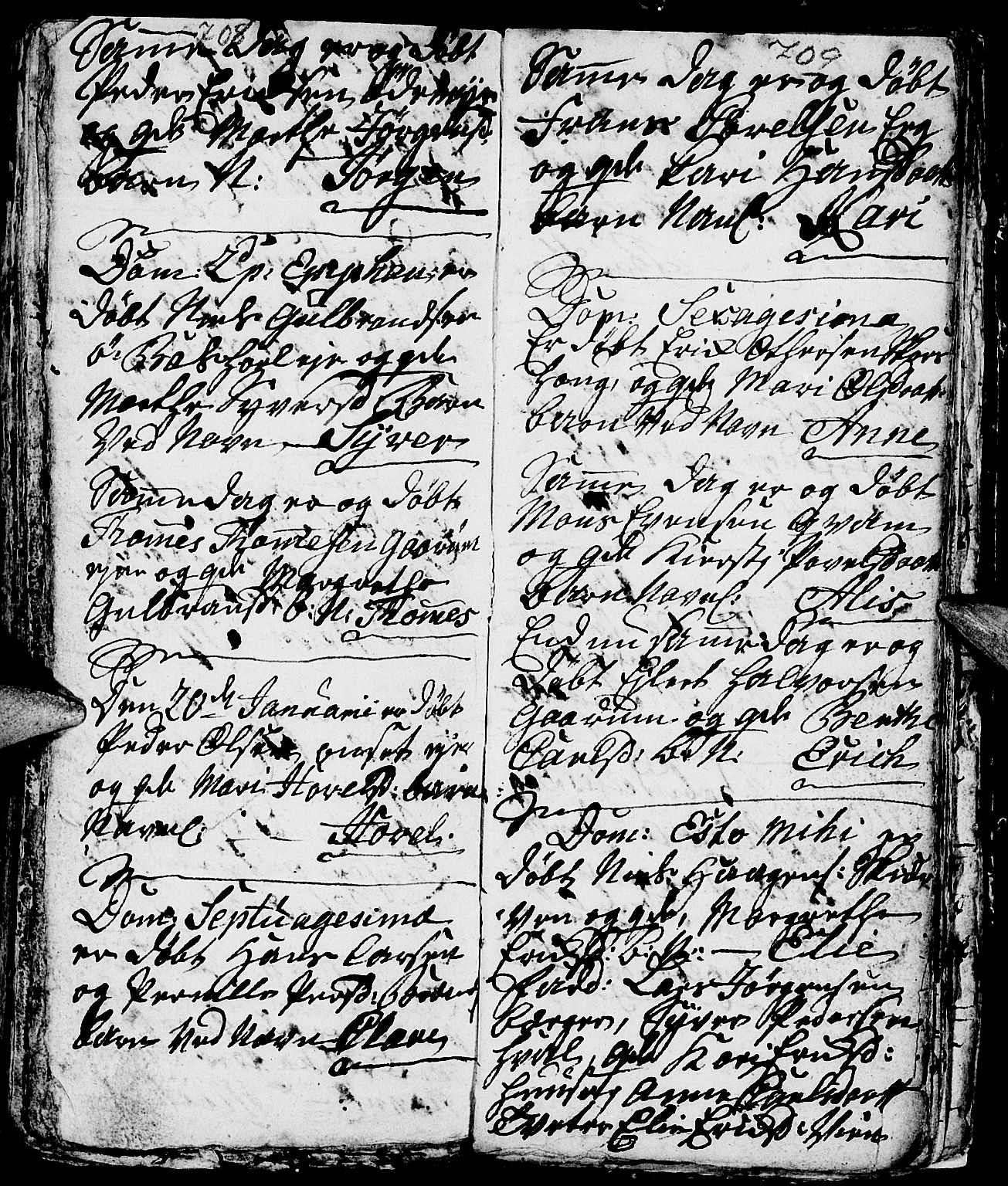 Nes prestekontor, Hedmark, AV/SAH-PREST-020/L/La/L0001: Parish register (copy) no. 1, 1663-1784, p. 708-709