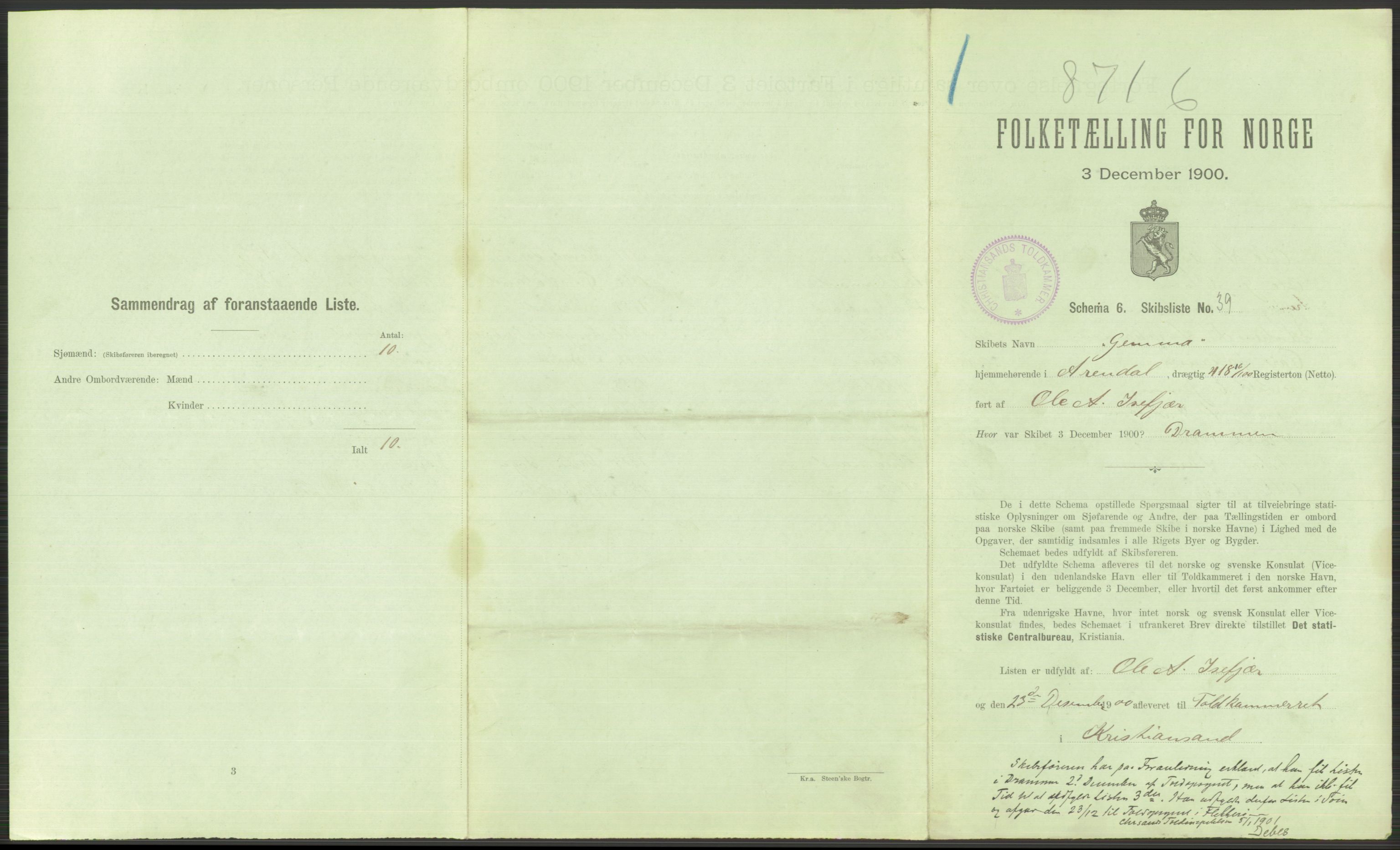 RA, 1900 Census - ship lists from ships in Norwegian harbours, harbours abroad and at sea, 1900, p. 783