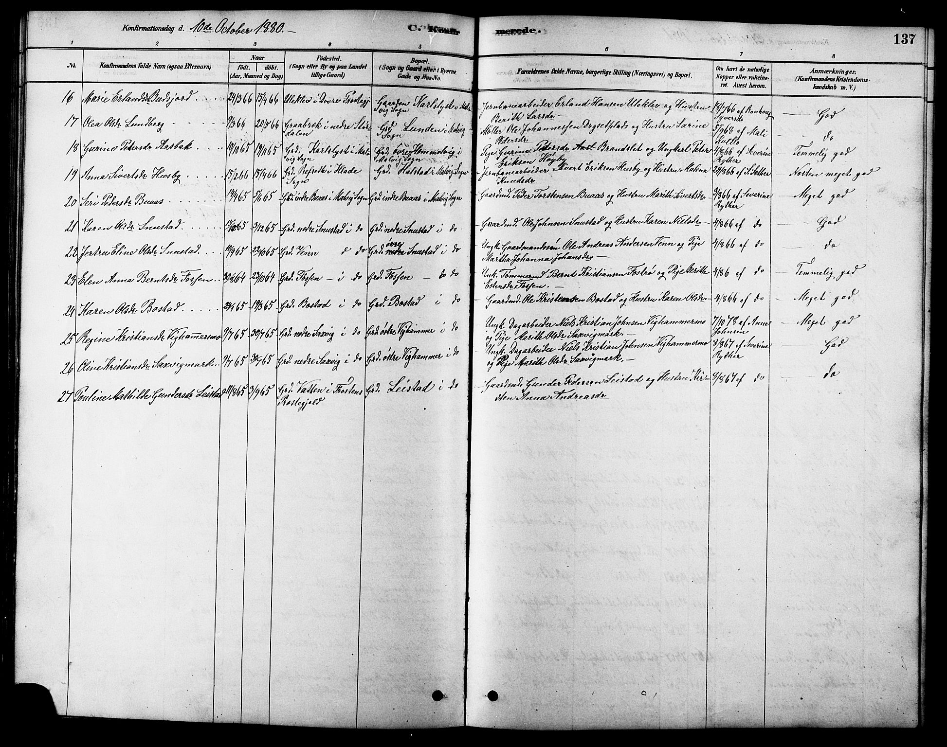 Ministerialprotokoller, klokkerbøker og fødselsregistre - Sør-Trøndelag, AV/SAT-A-1456/616/L0423: Parish register (copy) no. 616C06, 1878-1903, p. 137