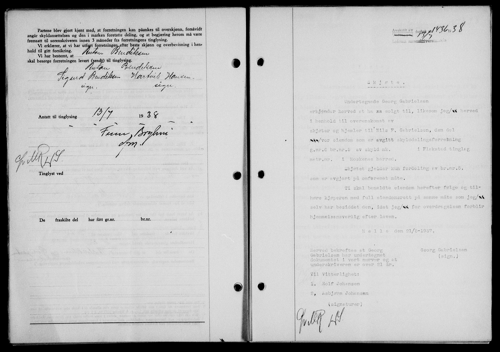 Lofoten sorenskriveri, SAT/A-0017/1/2/2C/L0004a: Mortgage book no. 4a, 1938-1938, Diary no: : 1436/1938