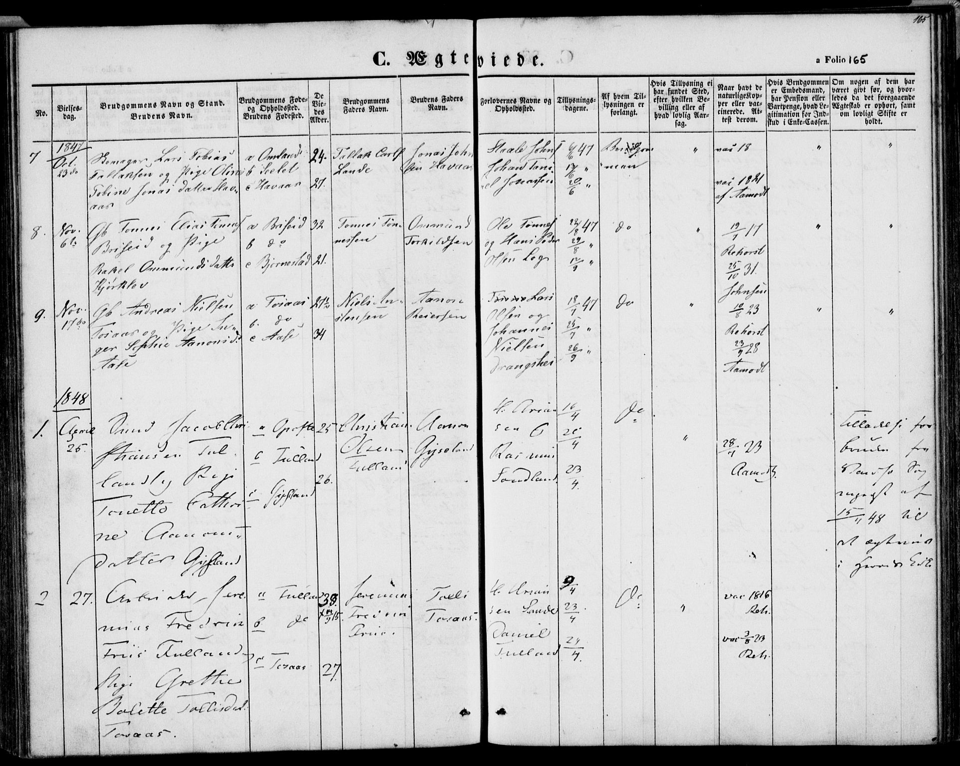 Herad sokneprestkontor, AV/SAK-1111-0018/F/Fa/Faa/L0004: Parish register (official) no. A 4, 1844-1853, p. 165