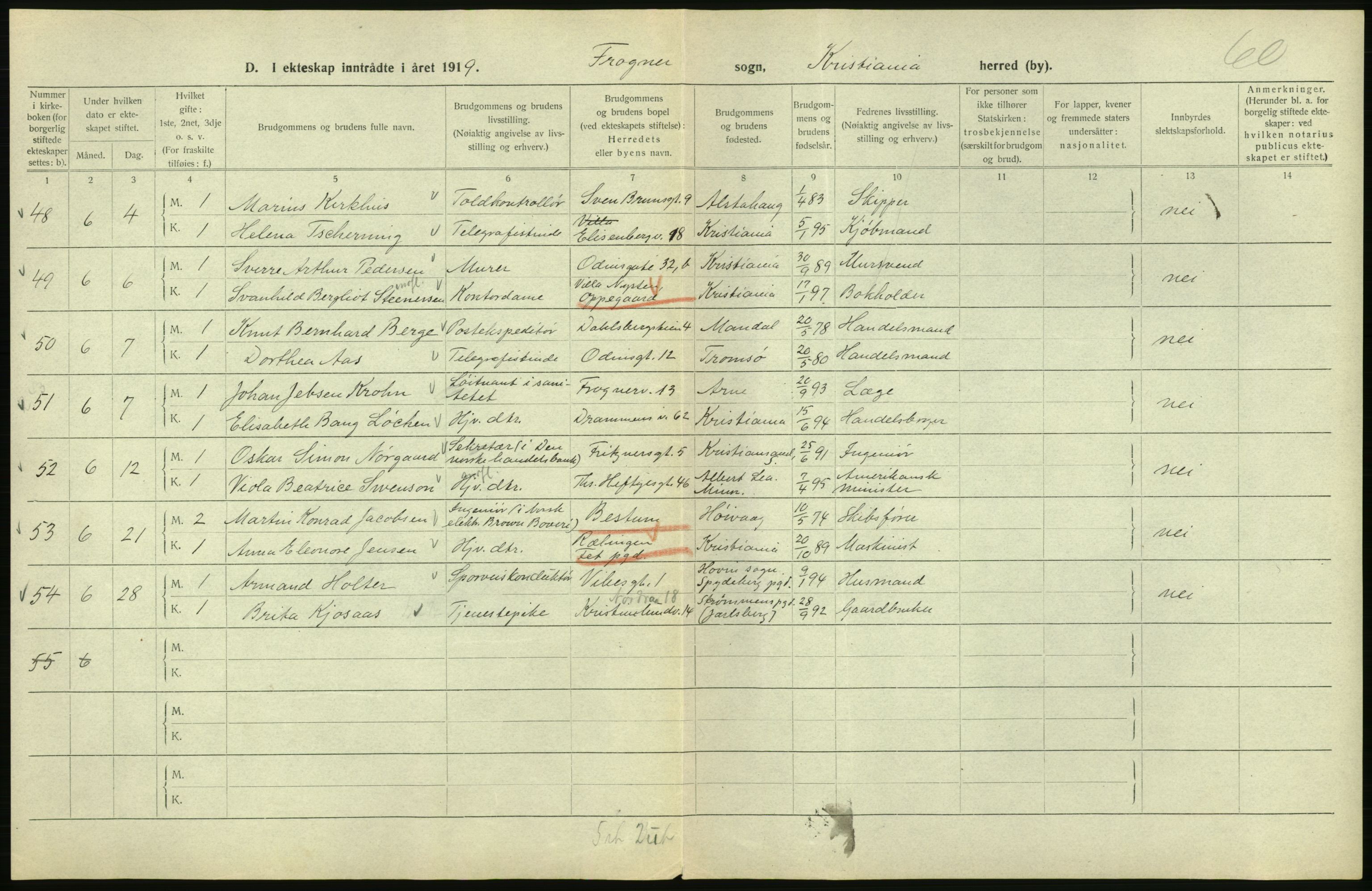 Statistisk sentralbyrå, Sosiodemografiske emner, Befolkning, RA/S-2228/D/Df/Dfb/Dfbi/L0009: Kristiania: Gifte, 1919, p. 182