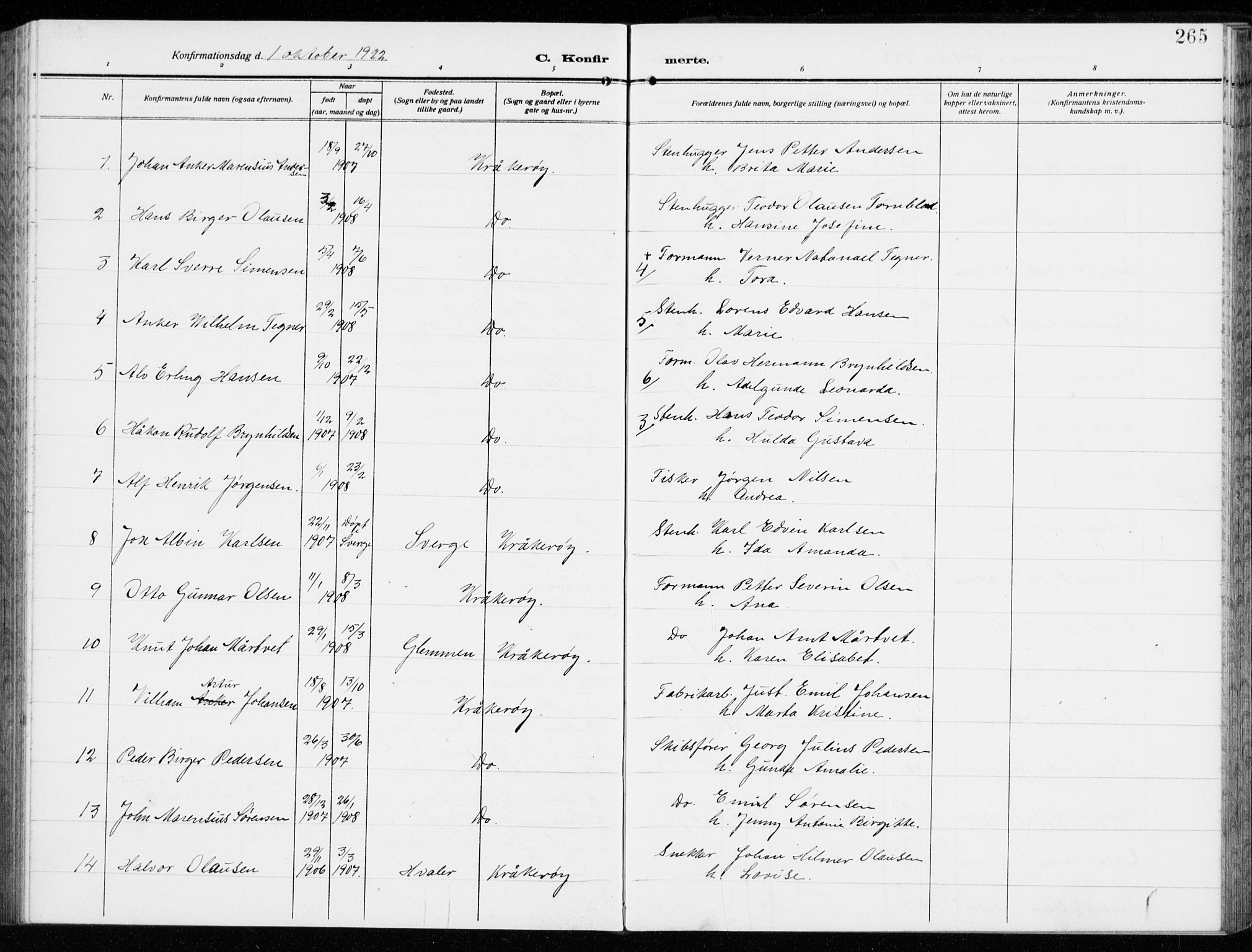 Kråkerøy prestekontor Kirkebøker, AV/SAO-A-10912/G/Ga/L0001: Parish register (copy) no. 1, 1908-1944, p. 265