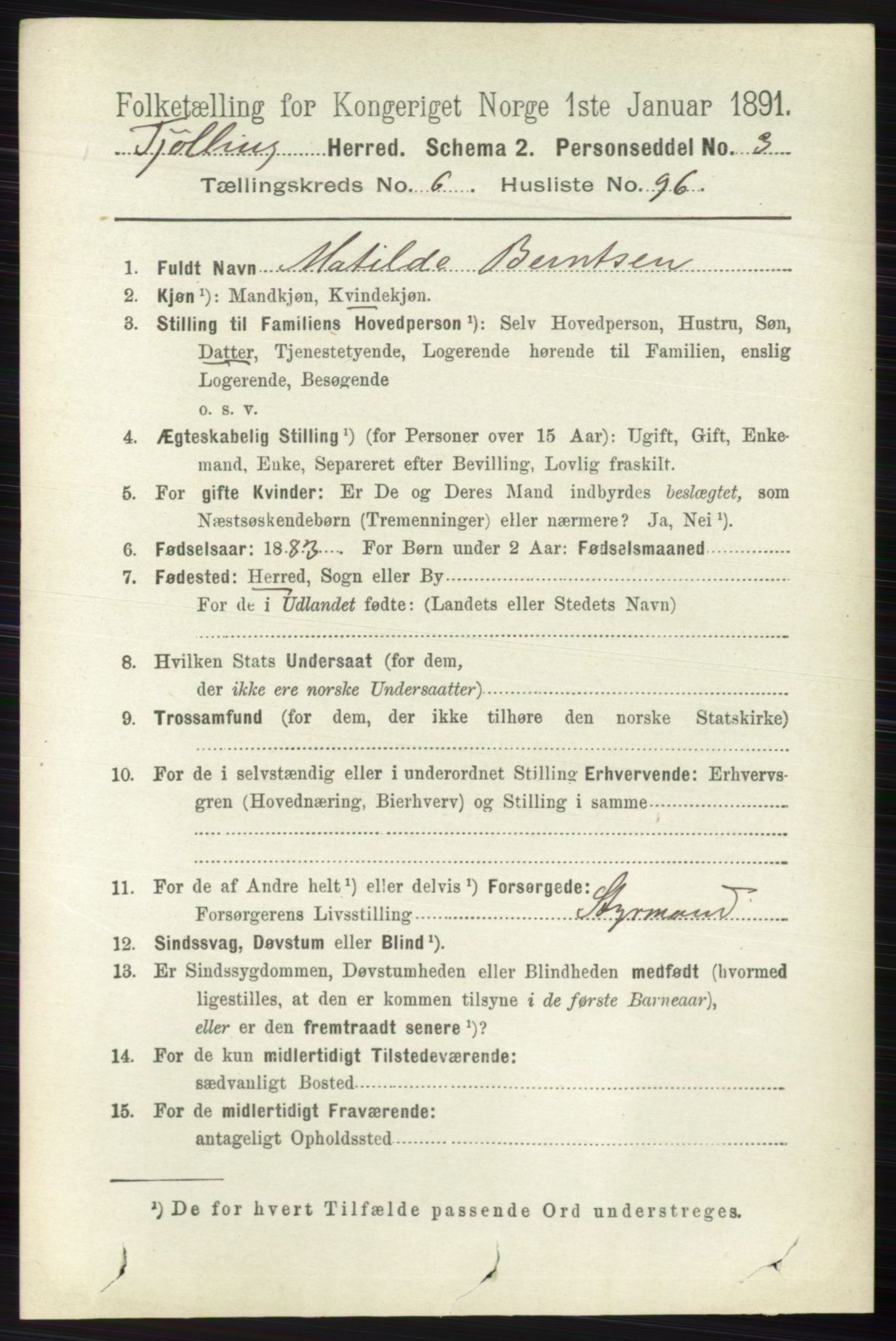 RA, 1891 census for 0725 Tjølling, 1891, p. 3538