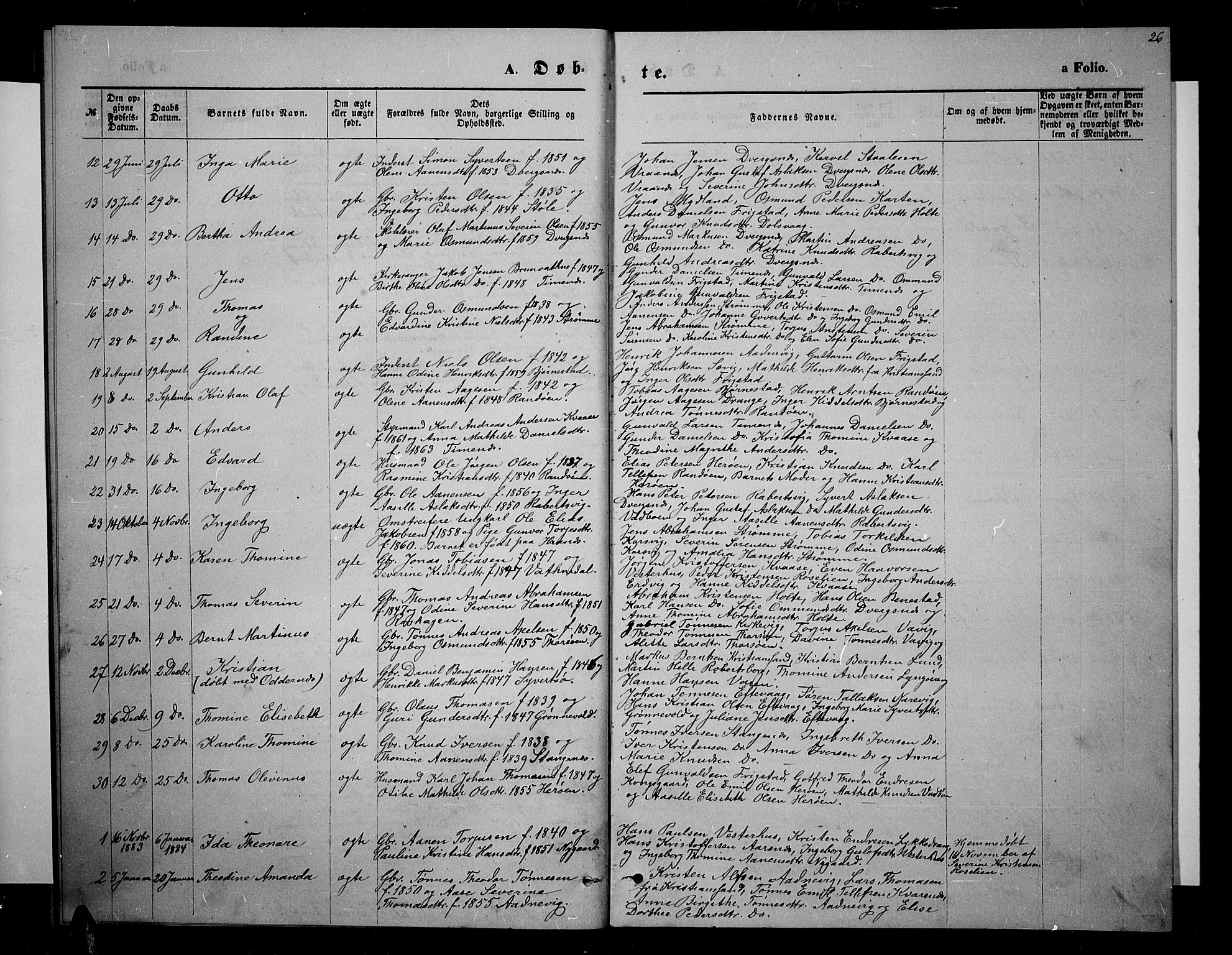 Oddernes sokneprestkontor, AV/SAK-1111-0033/F/Fb/Fbb/L0001: Parish register (copy) no. B 1, 1871-1888, p. 26