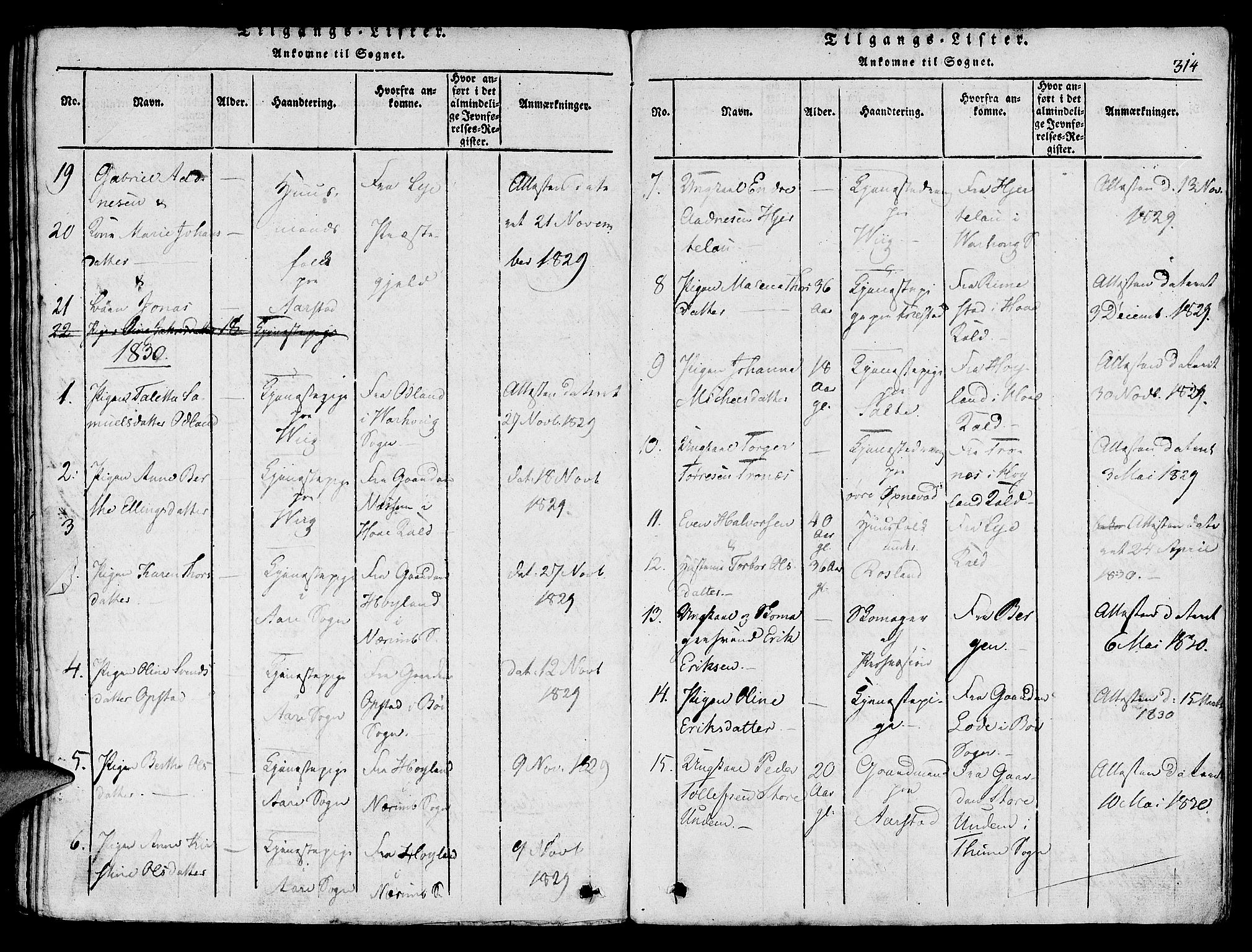 Klepp sokneprestkontor, SAST/A-101803/001/3/30BA/L0002: Parish register (official) no. A 2, 1816-1833, p. 314