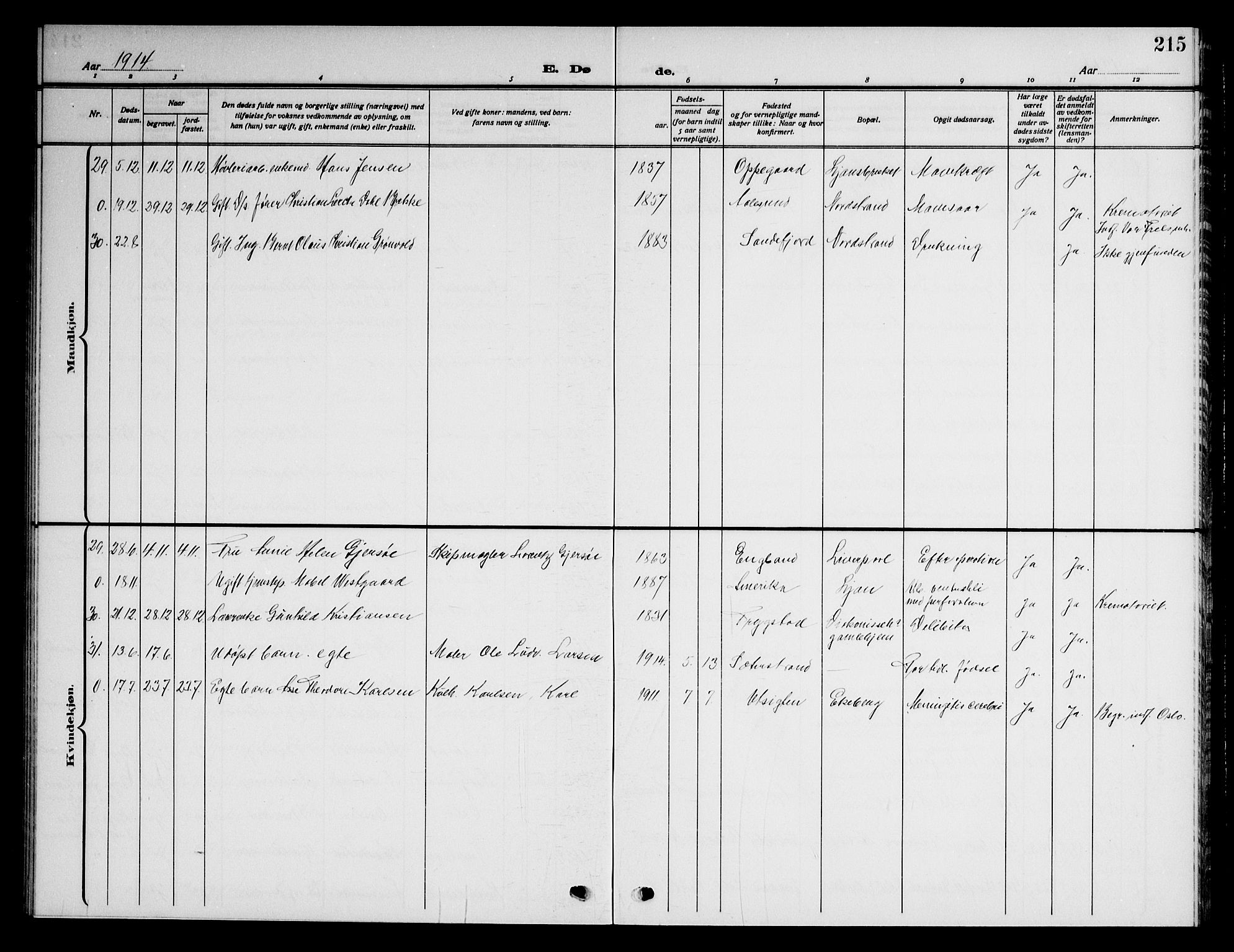 Nordstrand prestekontor Kirkebøker, AV/SAO-A-10362a/G/Ga/L0001: Parish register (copy) no. I 1, 1911-1918, p. 215