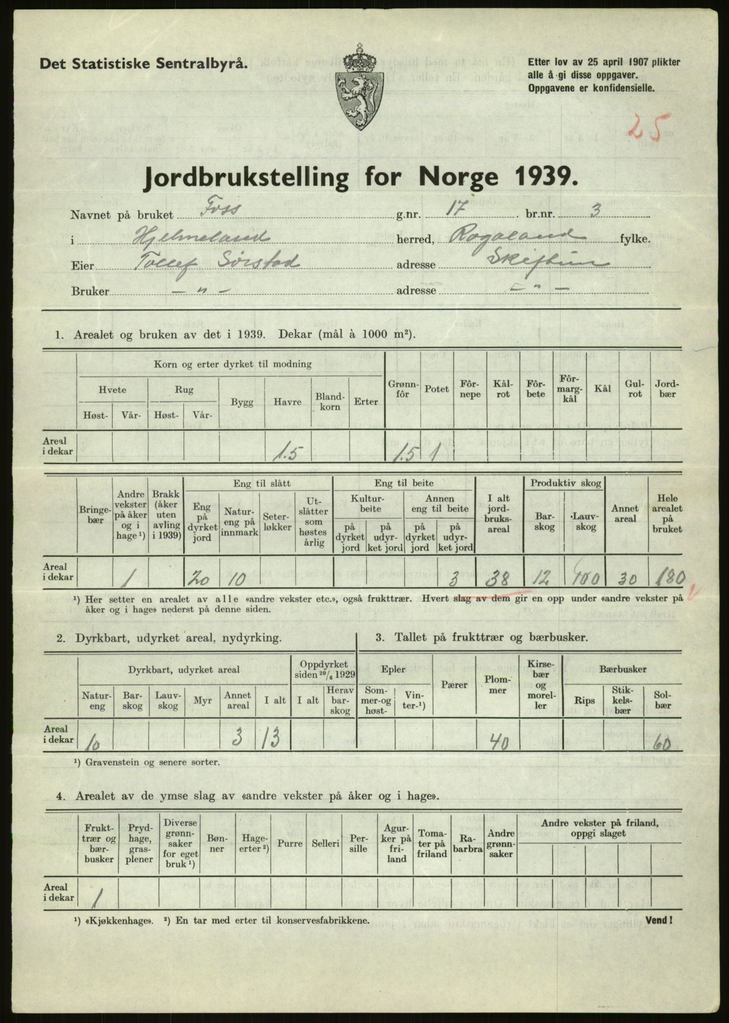 Statistisk sentralbyrå, Næringsøkonomiske emner, Jordbruk, skogbruk, jakt, fiske og fangst, AV/RA-S-2234/G/Gb/L0184: Rogaland: Årdal, Fister og Hjelmeland, 1939, p. 1419
