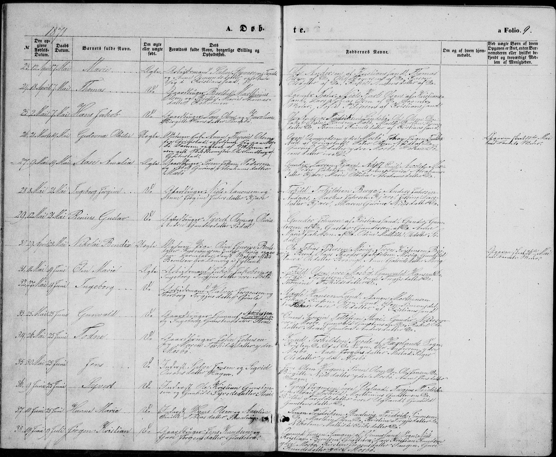 Oddernes sokneprestkontor, AV/SAK-1111-0033/F/Fb/Fba/L0007: Parish register (copy) no. B 7, 1869-1887, p. 9