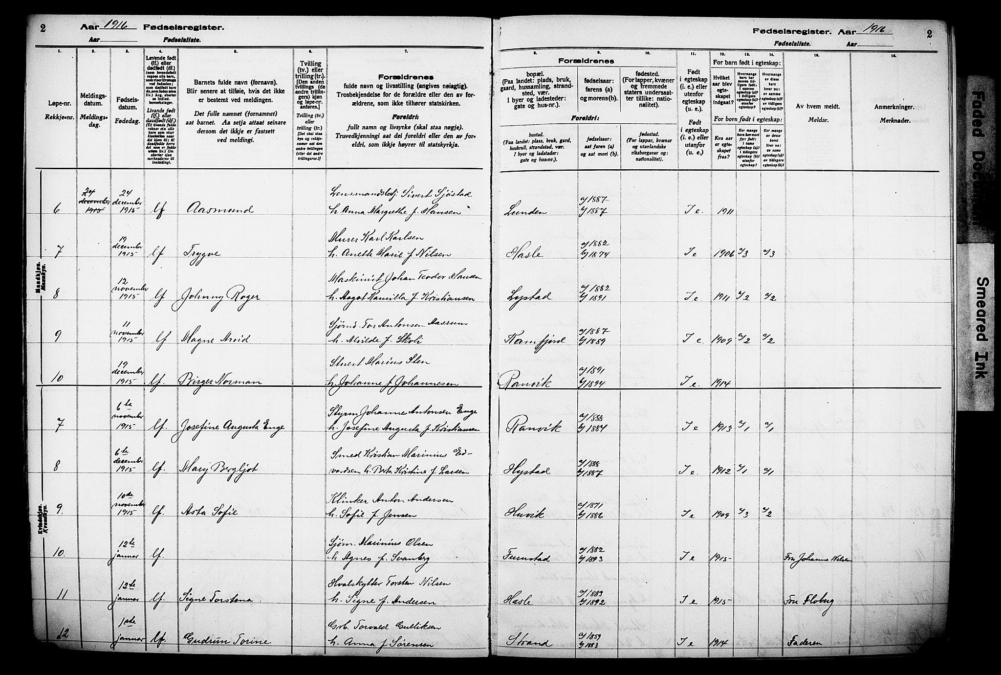 Sandar kirkebøker, AV/SAKO-A-243/J/Ja/L0001: Birth register no. 1, 1916-1922, p. 2