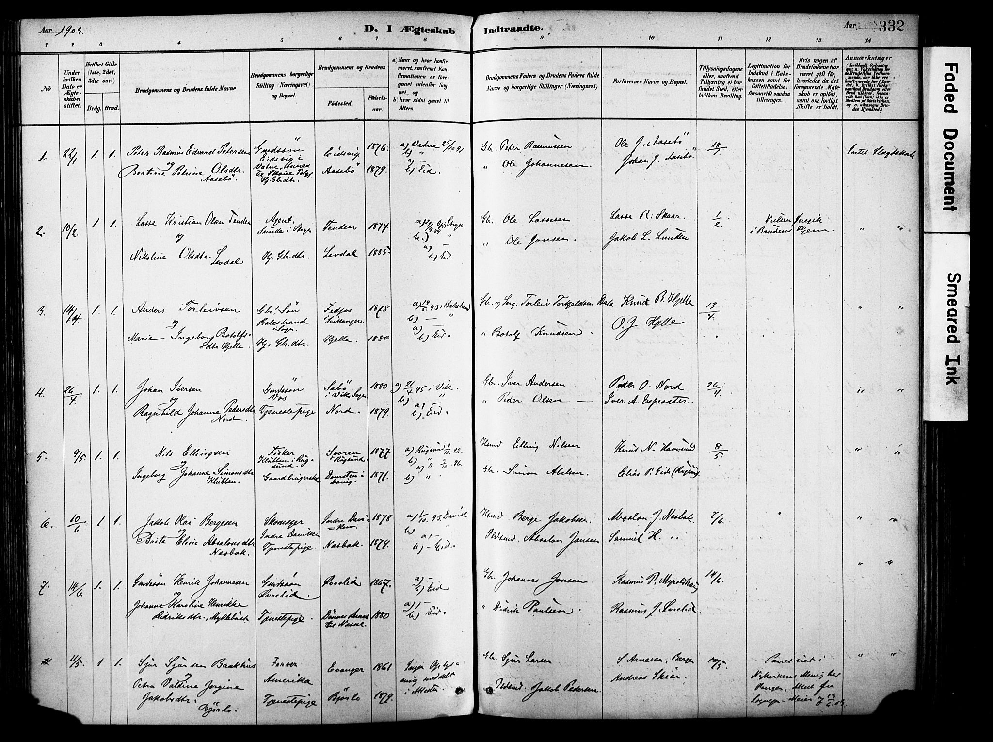 Eid sokneprestembete, SAB/A-82301/H/Haa/Haab/L0001: Parish register (official) no. B 1, 1879-1906, p. 332