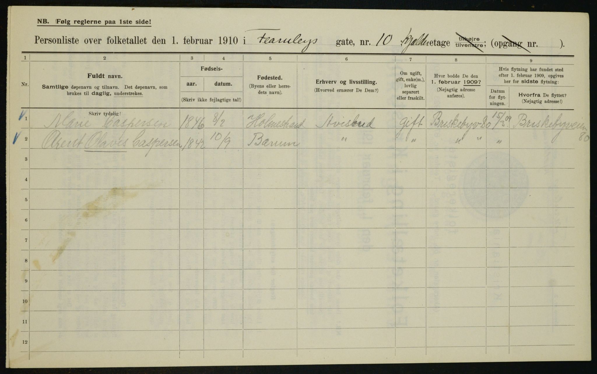 OBA, Municipal Census 1910 for Kristiania, 1910, p. 22535