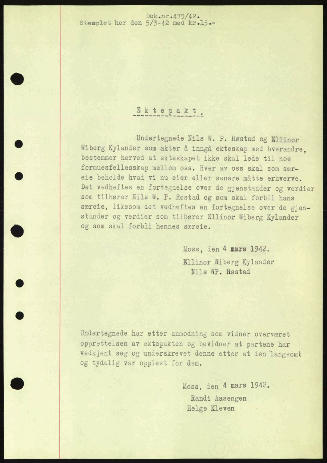 Moss sorenskriveri, SAO/A-10168: Mortgage book no. A9, 1941-1942, Diary no: : 475/1942
