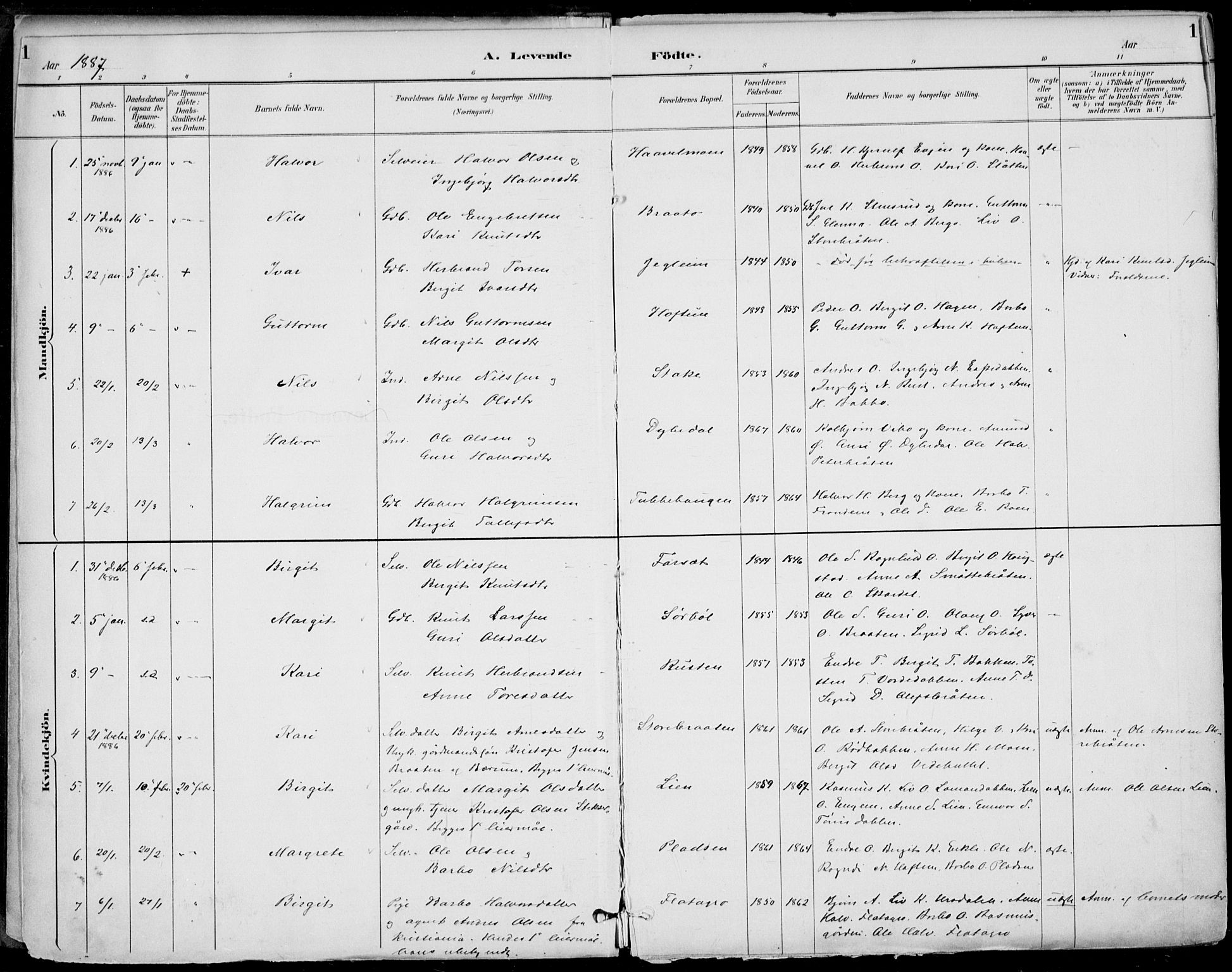 Gol kirkebøker, AV/SAKO-A-226/F/Fa/L0005: Parish register (official) no. I 5, 1887-1900, p. 1