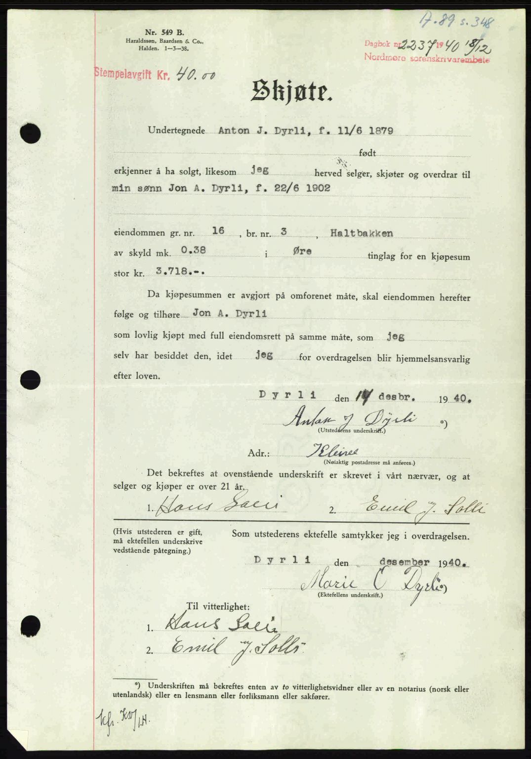 Nordmøre sorenskriveri, SAT/A-4132/1/2/2Ca: Mortgage book no. A89, 1940-1941, Diary no: : 2237/1940